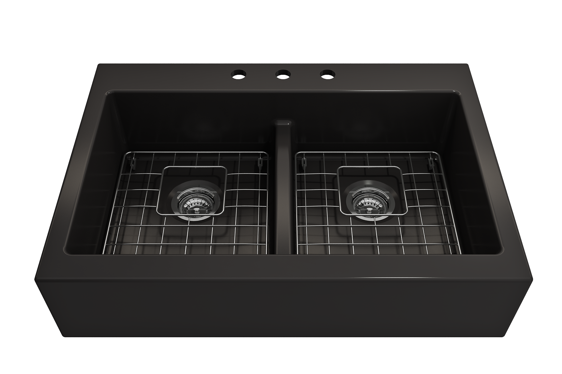 Nuova Apron Front Drop-In Fireclay 34 in. 50/50 Double Bowl Kitchen Sink with Protective Bottom Grids and Strainers 1501