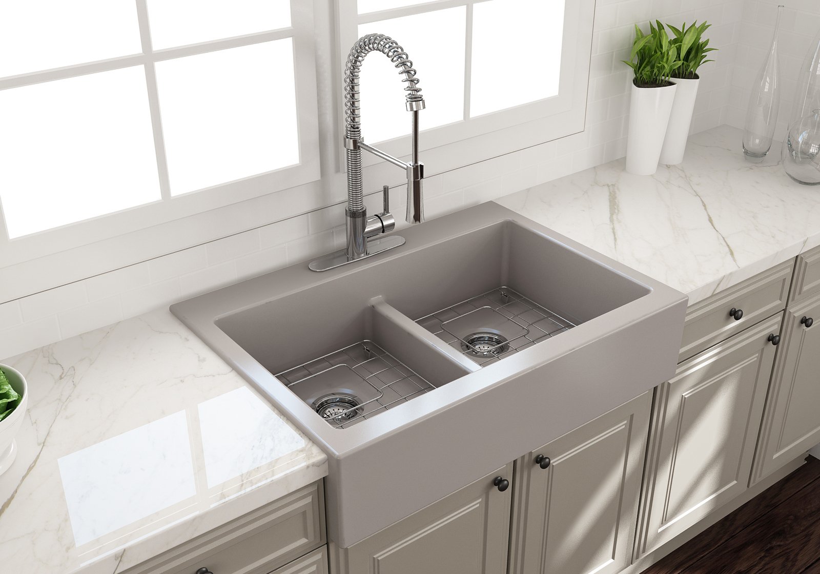 Nuova Apron Front Drop-In Fireclay 34 in. 50/50 Double Bowl Kitchen Sink with Protective Bottom Grids and Strainers 1501