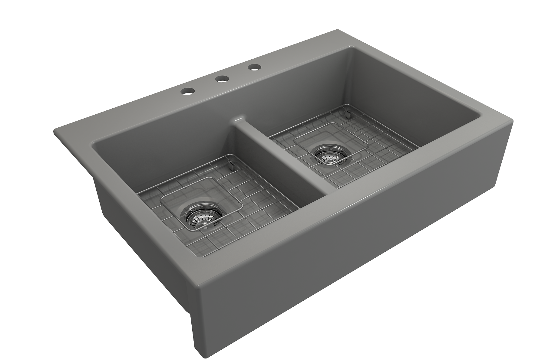 Nuova Apron Front Drop-In Fireclay 34 in. 50/50 Double Bowl Kitchen Sink with Protective Bottom Grids and Strainers 1501