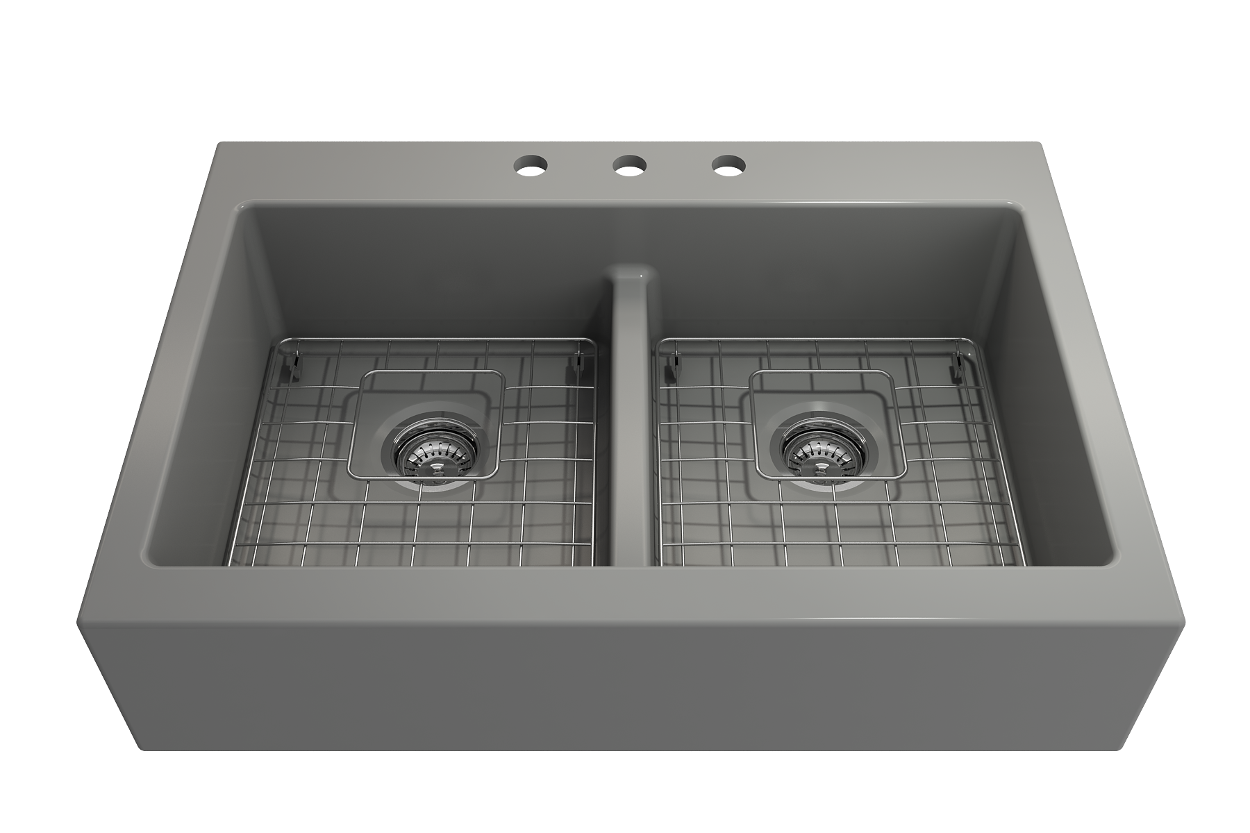 Nuova Apron Front Drop-In Fireclay 34 in. 50/50 Double Bowl Kitchen Sink with Protective Bottom Grids and Strainers 1501