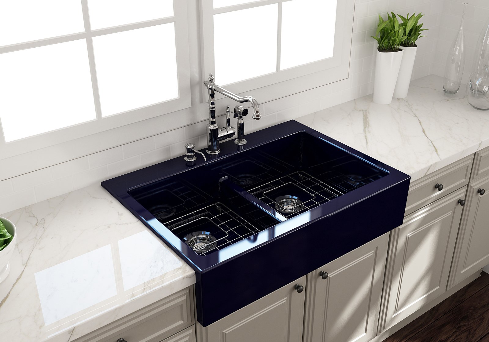 Nuova Apron Front Drop-In Fireclay 34 in. 50/50 Double Bowl Kitchen Sink with Protective Bottom Grids and Strainers 1501