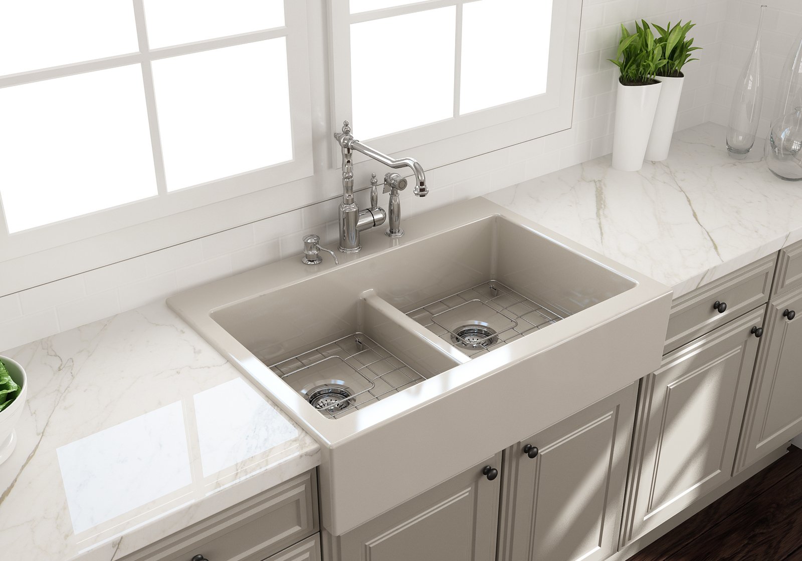 Nuova Apron Front Drop-In Fireclay 34 in. 50/50 Double Bowl Kitchen Sink with Protective Bottom Grids and Strainers 1501