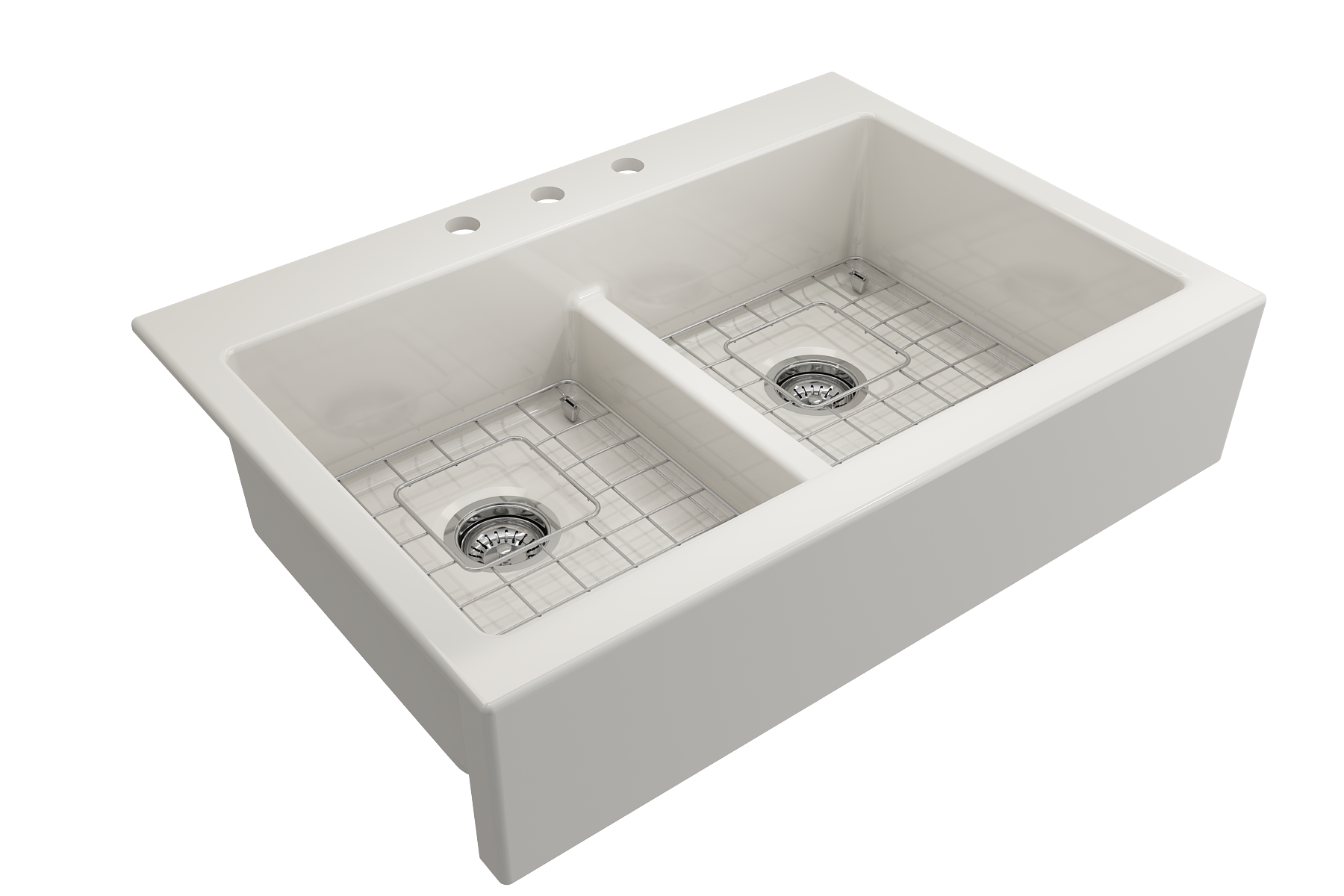 Nuova Apron Front Drop-In Fireclay 34 in. 50/50 Double Bowl Kitchen Sink with Protective Bottom Grids and Strainers 1501