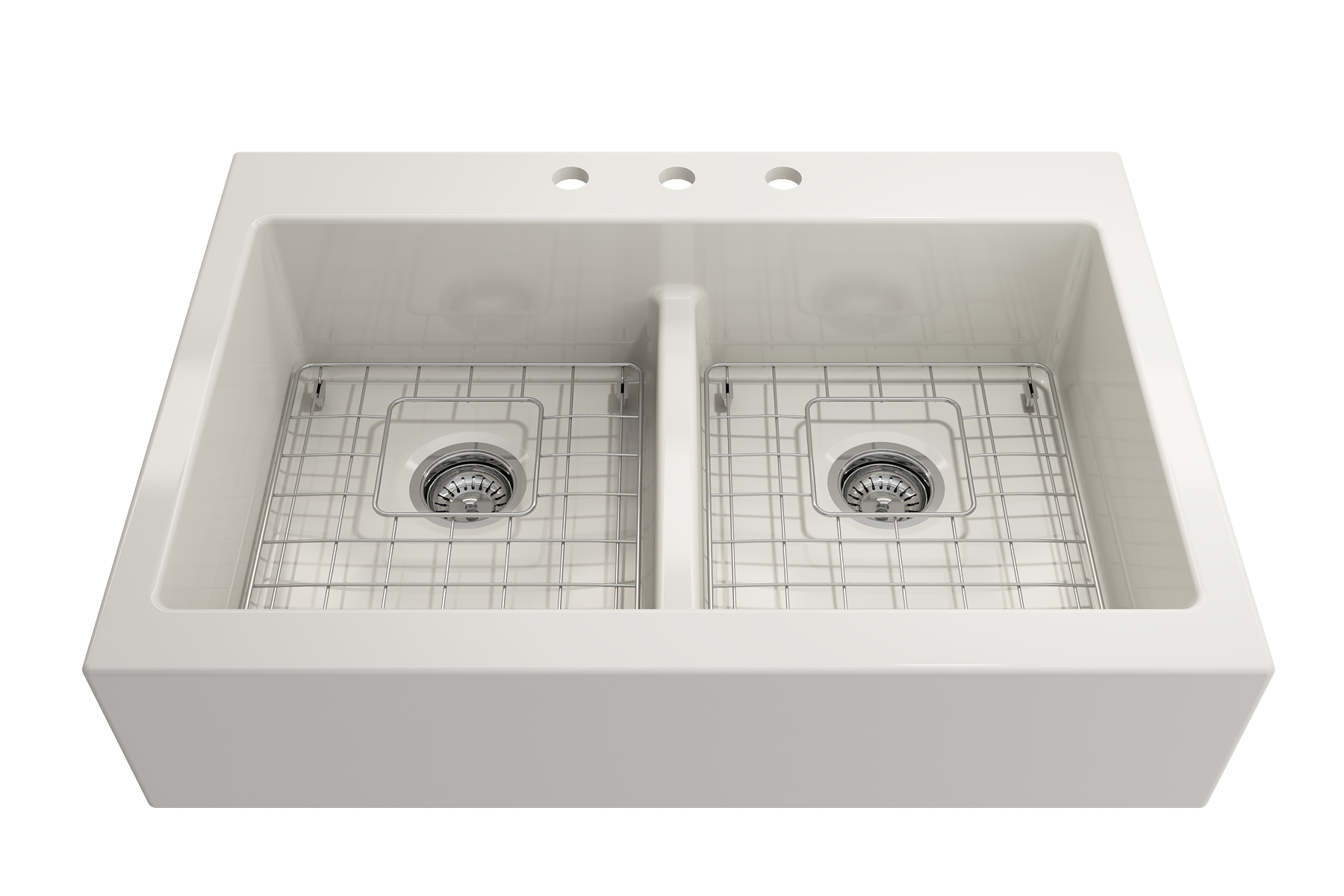 Nuova Apron Front Drop-In Fireclay 34 in. 50/50 Double Bowl Kitchen Sink with Protective Bottom Grids and Strainers 1501