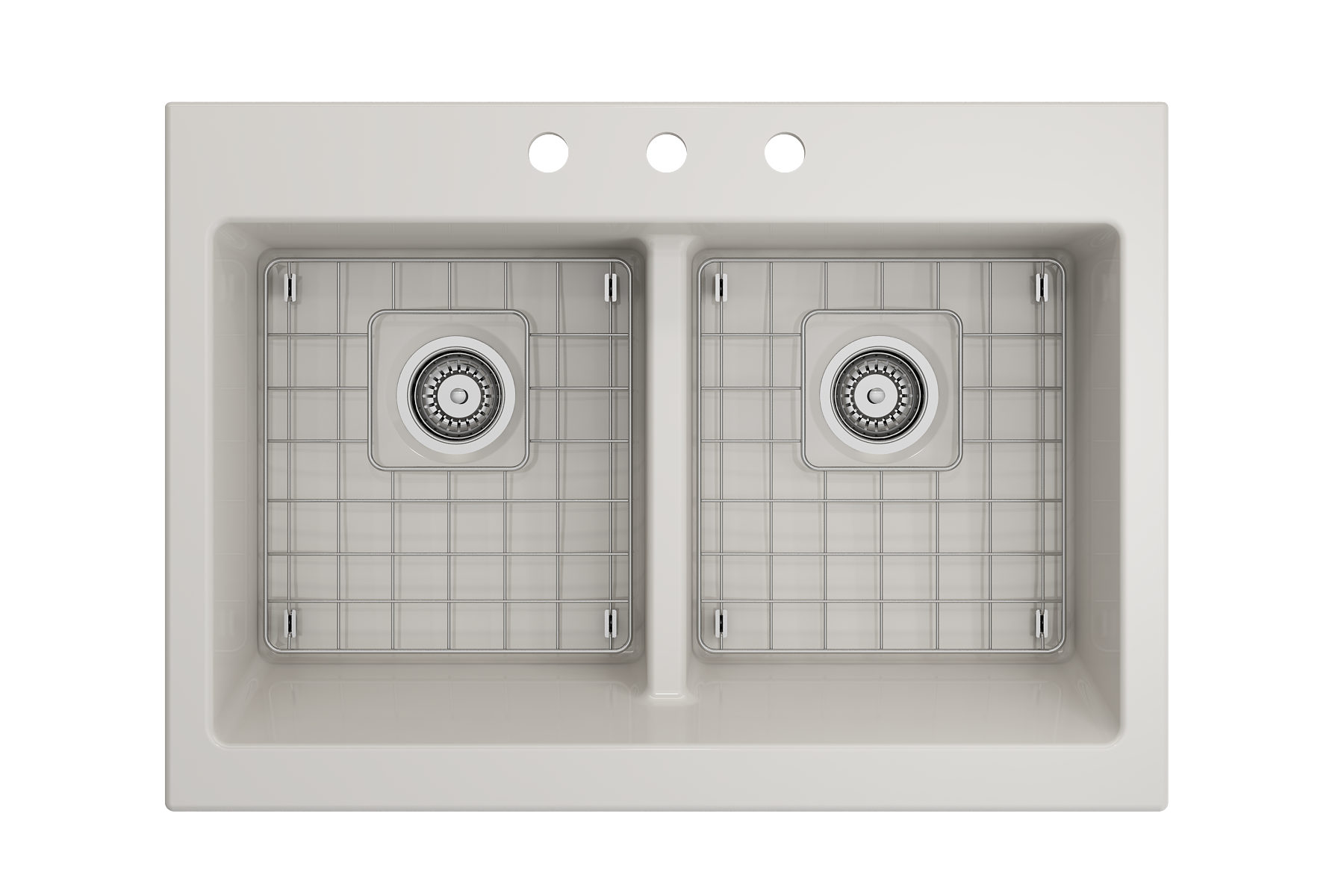 Nuova Apron Front Drop-In Fireclay 34 in. 50/50 Double Bowl Kitchen Sink with Protective Bottom Grids and Strainers 1501