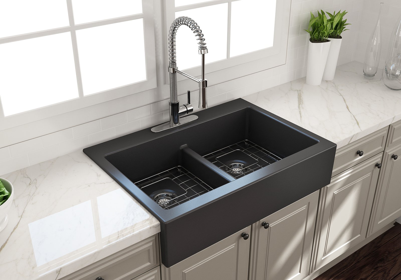 Nuova Apron Front Drop-In Fireclay 34 in. 50/50 Double Bowl Kitchen Sink with Protective Bottom Grids and Strainers 1501