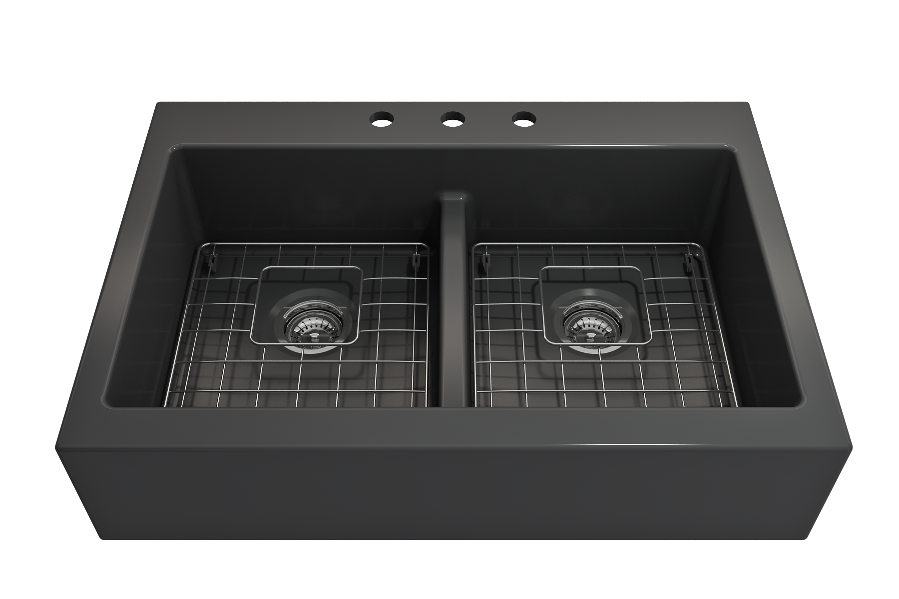 Nuova Apron Front Drop-In Fireclay 34 in. 50/50 Double Bowl Kitchen Sink with Protective Bottom Grids and Strainers 1501