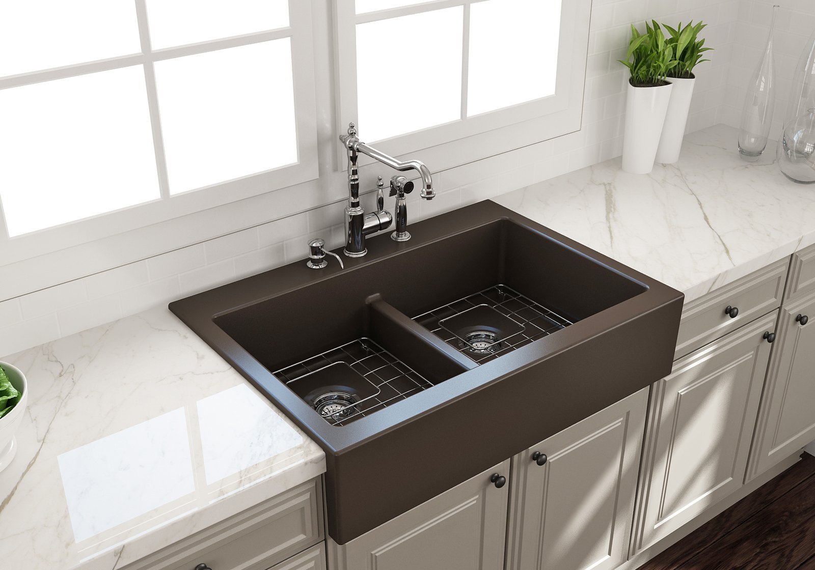 Nuova Apron Front Drop-In Fireclay 34 in. 50/50 Double Bowl Kitchen Sink with Protective Bottom Grids and Strainers 1501