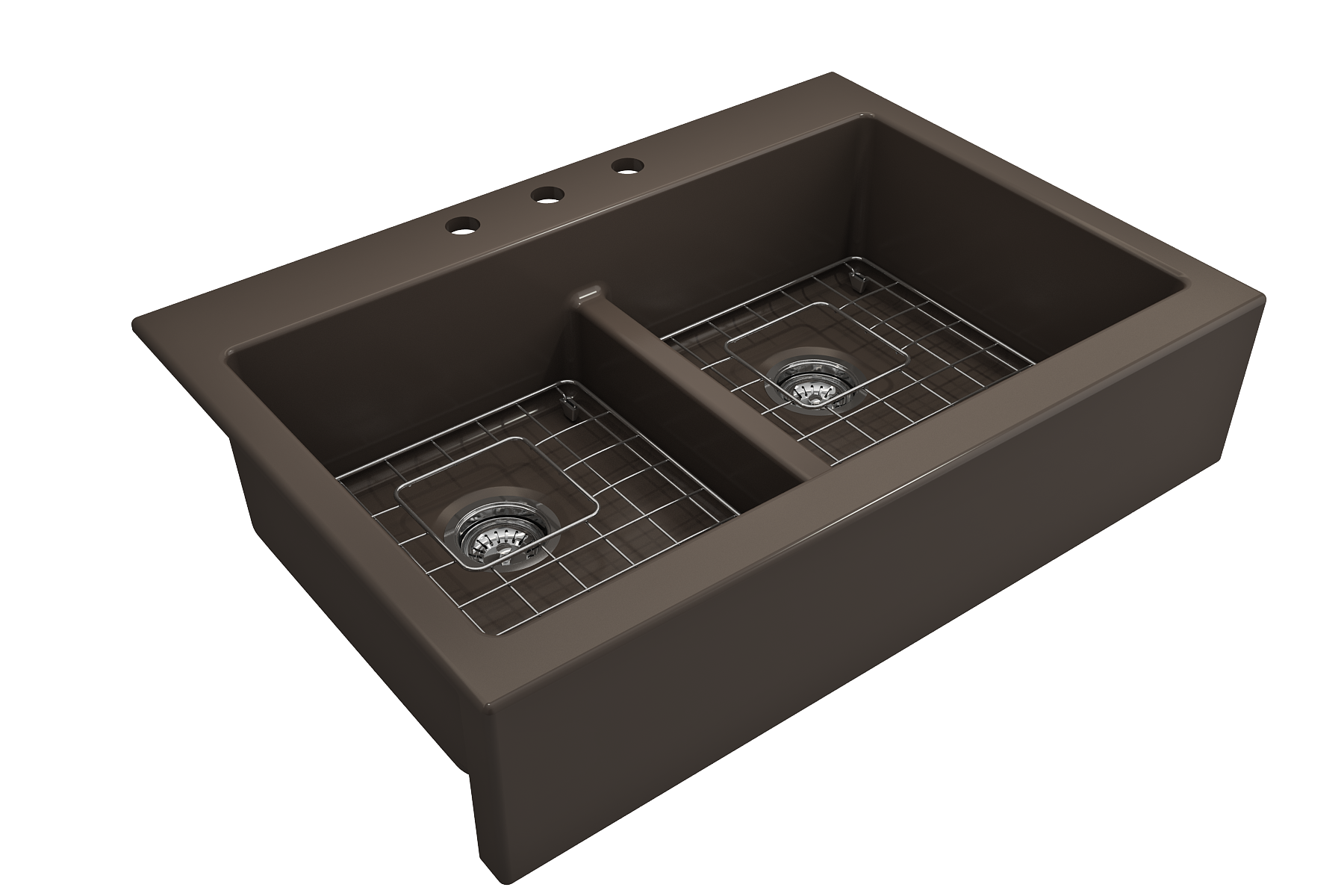 Nuova Apron Front Drop-In Fireclay 34 in. 50/50 Double Bowl Kitchen Sink with Protective Bottom Grids and Strainers 1501