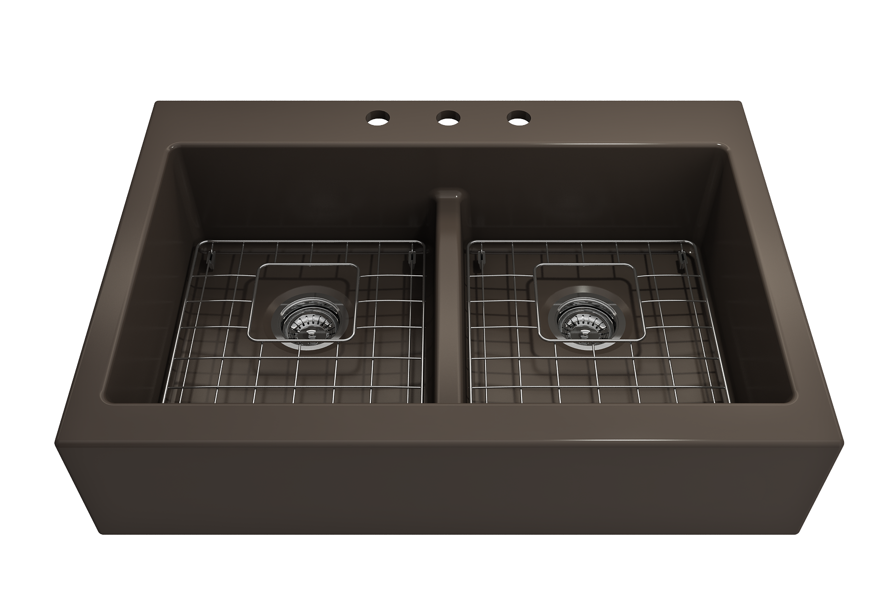 Nuova Apron Front Drop-In Fireclay 34 in. 50/50 Double Bowl Kitchen Sink with Protective Bottom Grids and Strainers 1501