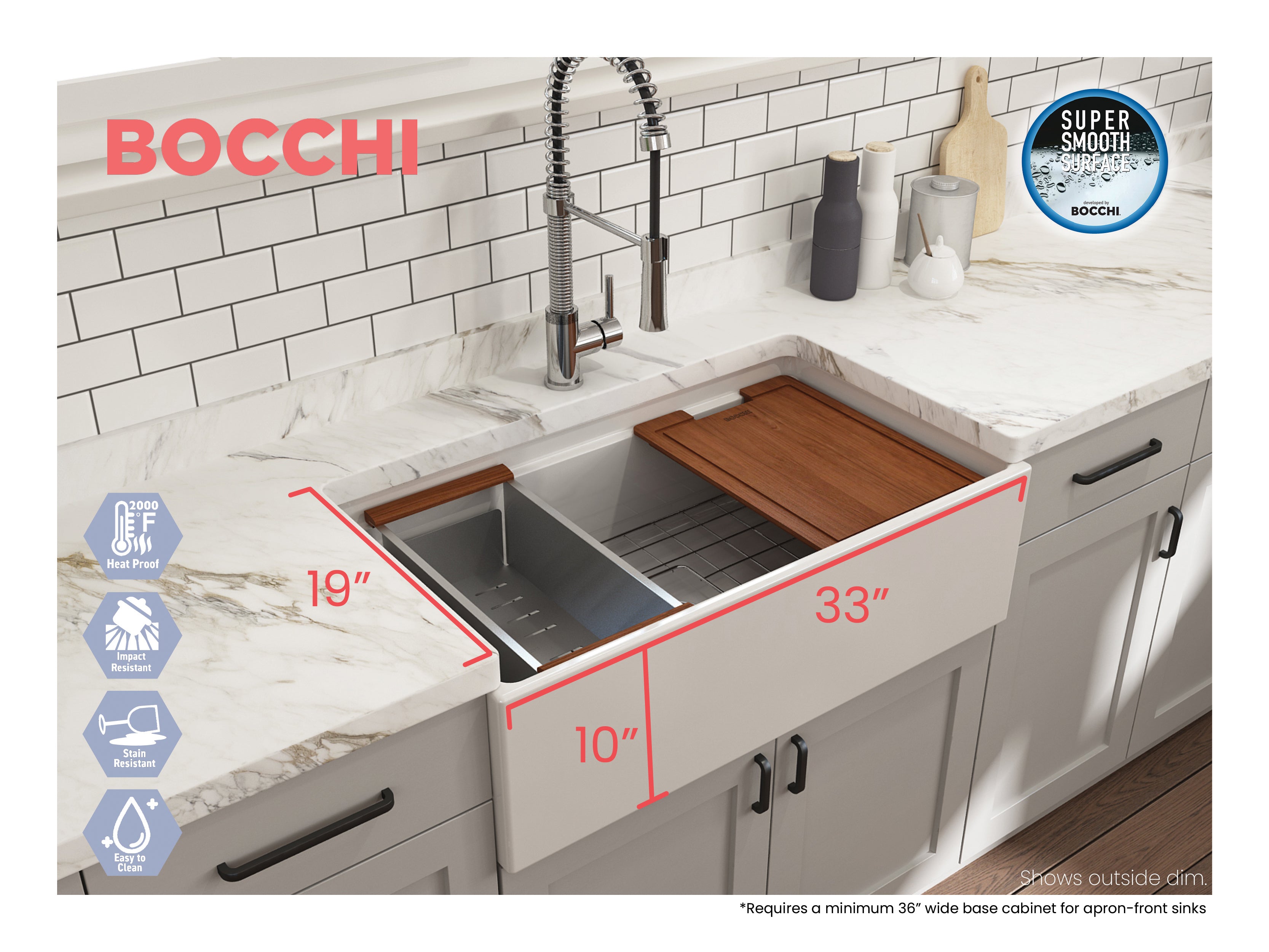 Contempo Step-Rim Apron Front Fireclay 33 in. Single Bowl Kitchen Sink with Integrated Work Station & Accessories 1504