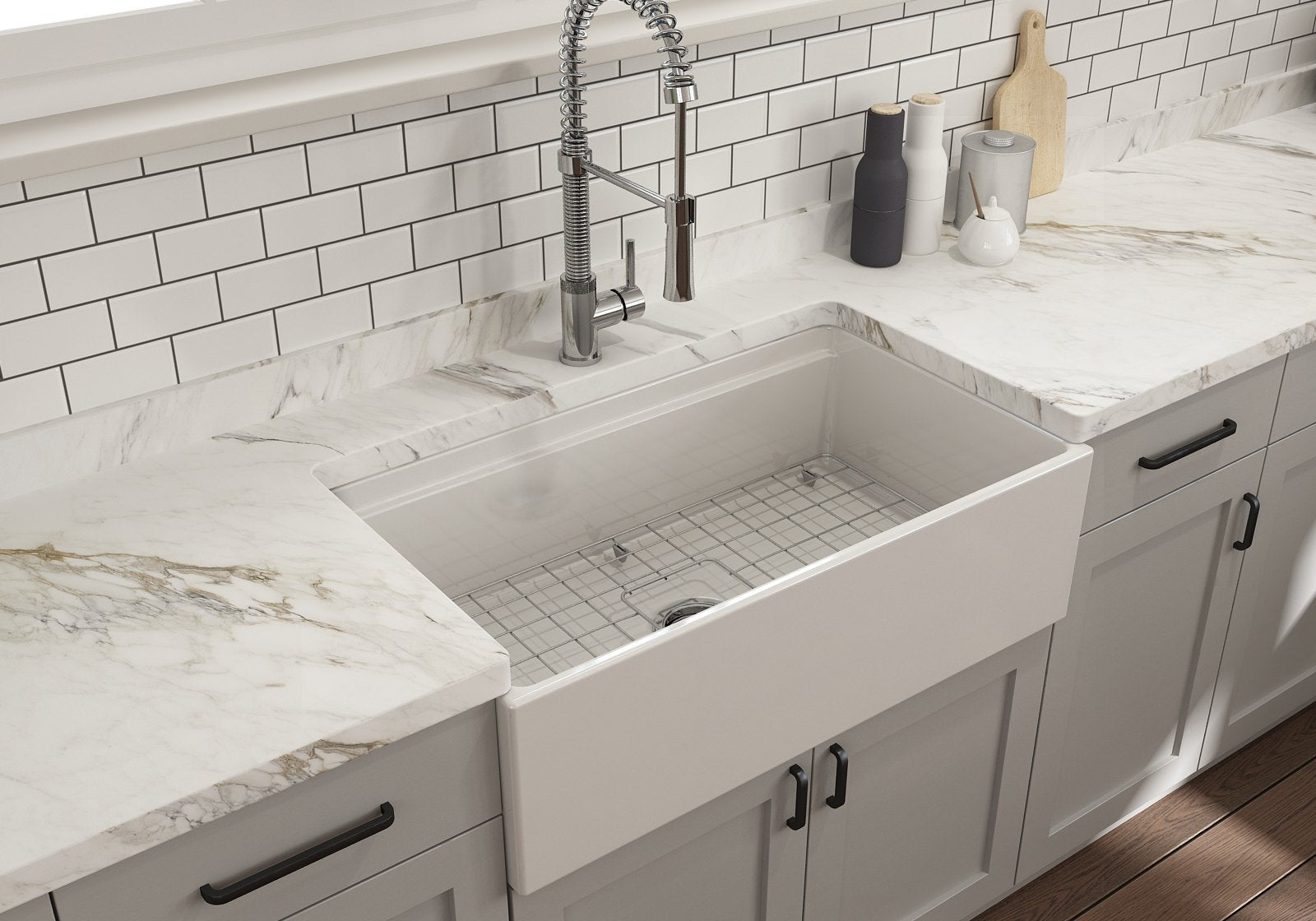 Contempo Step-Rim Apron Front Fireclay 33 in. Single Bowl Kitchen Sink with Integrated Work Station & Accessories 1504