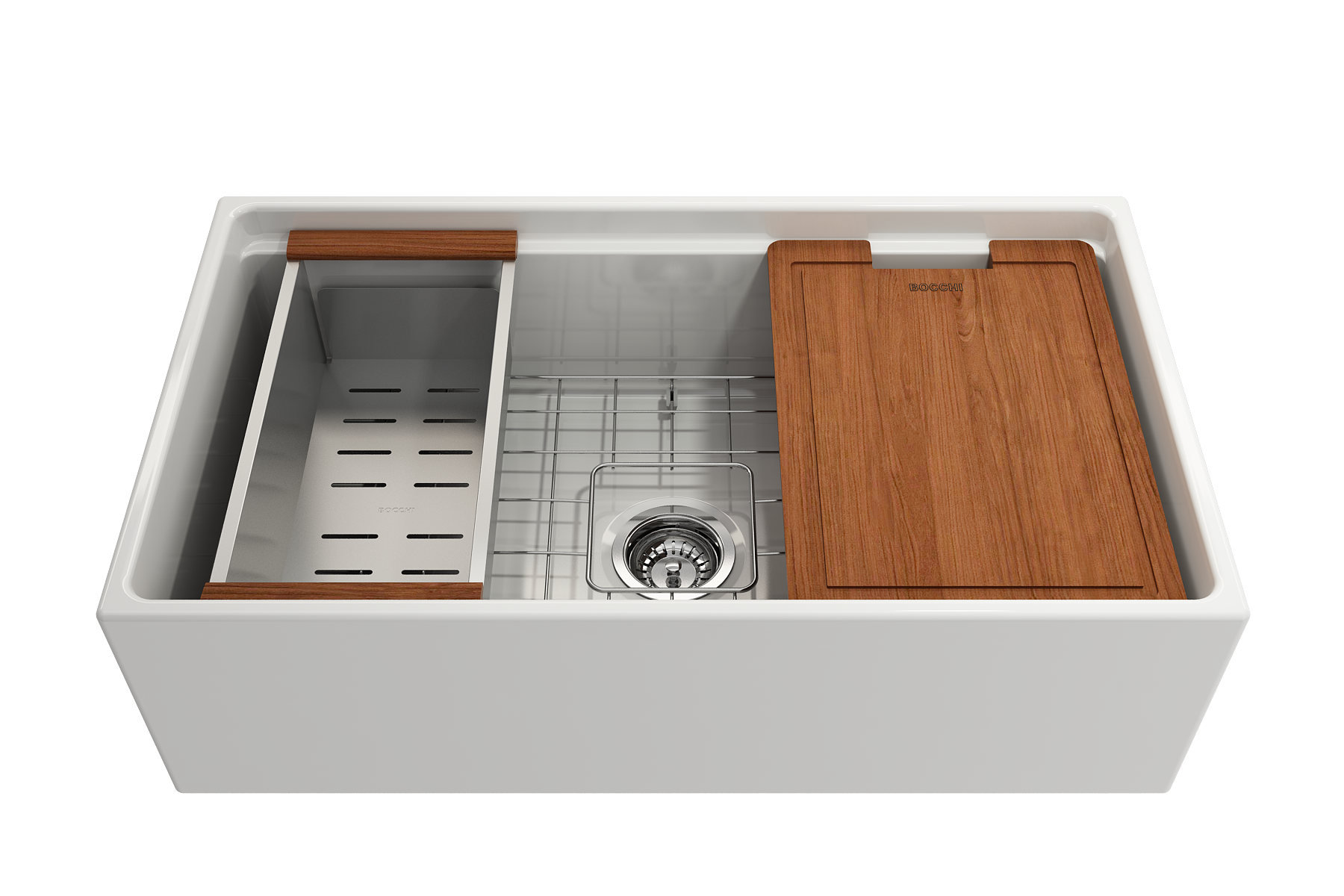 Contempo Step-Rim Apron Front Fireclay 33 in. Single Bowl Kitchen Sink with Integrated Work Station & Accessories 1504