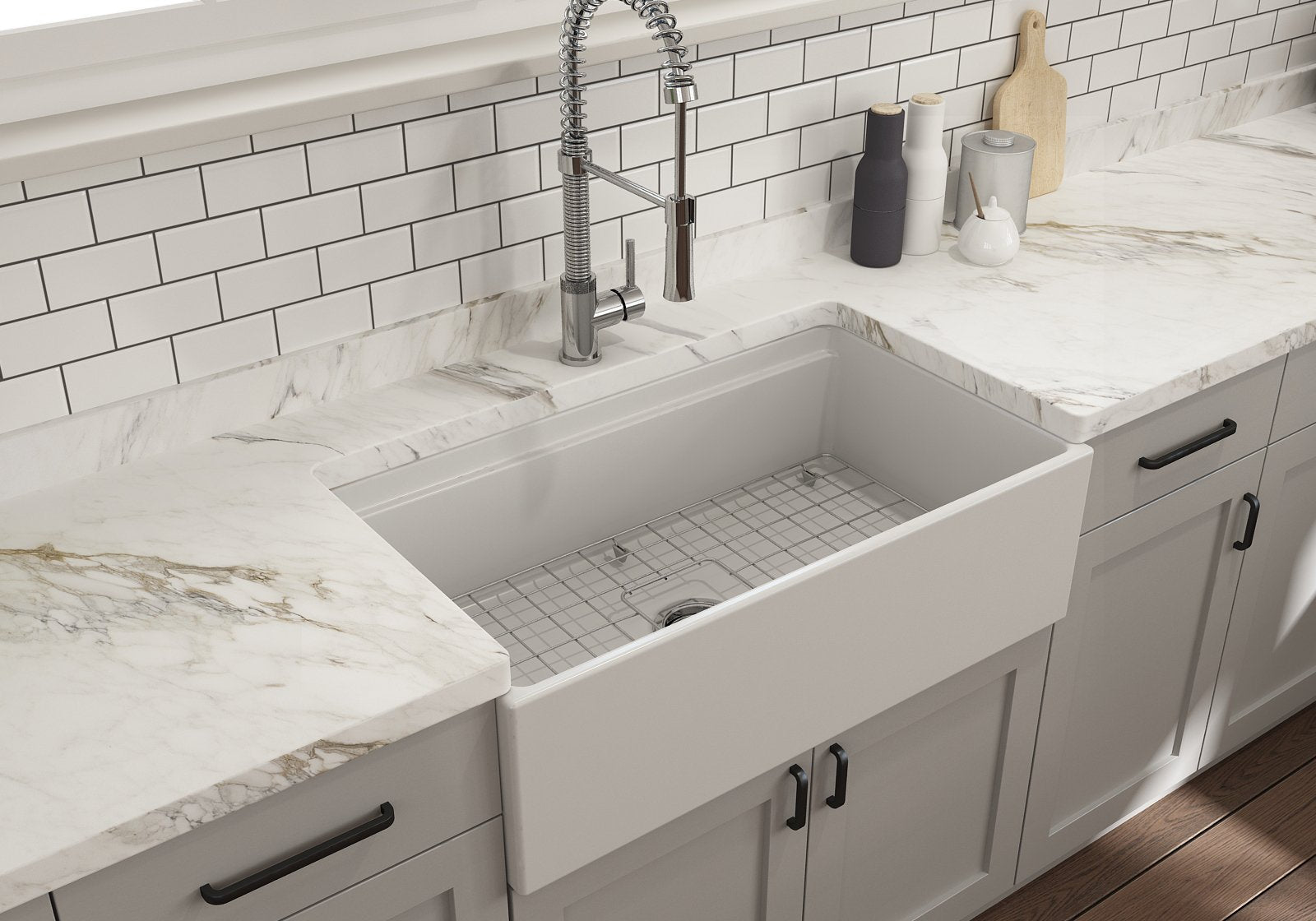 Contempo Step-Rim Apron Front Fireclay 33 in. Single Bowl Kitchen Sink with Integrated Work Station & Accessories 1504