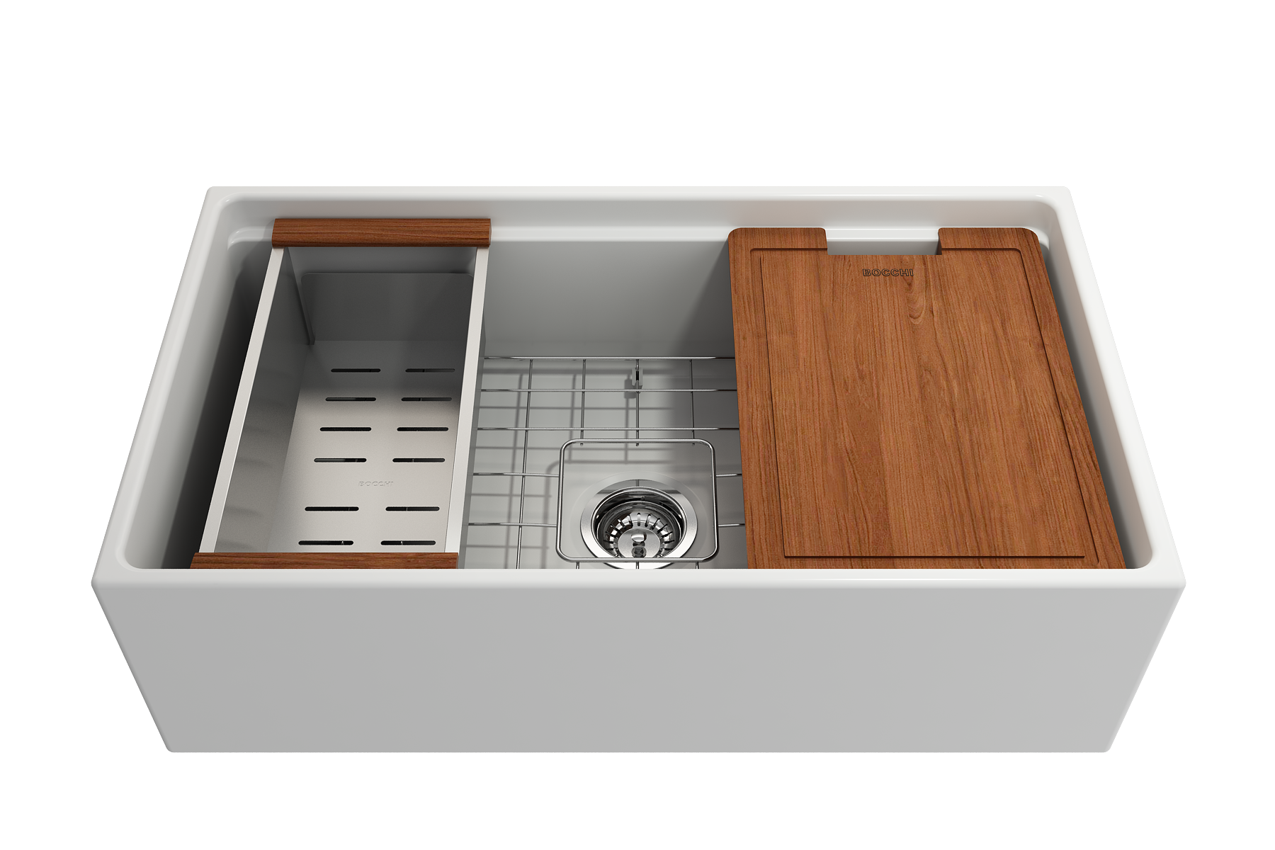 Contempo Step-Rim Apron Front Fireclay 33 in. Single Bowl Kitchen Sink with Integrated Work Station & Accessories 1504