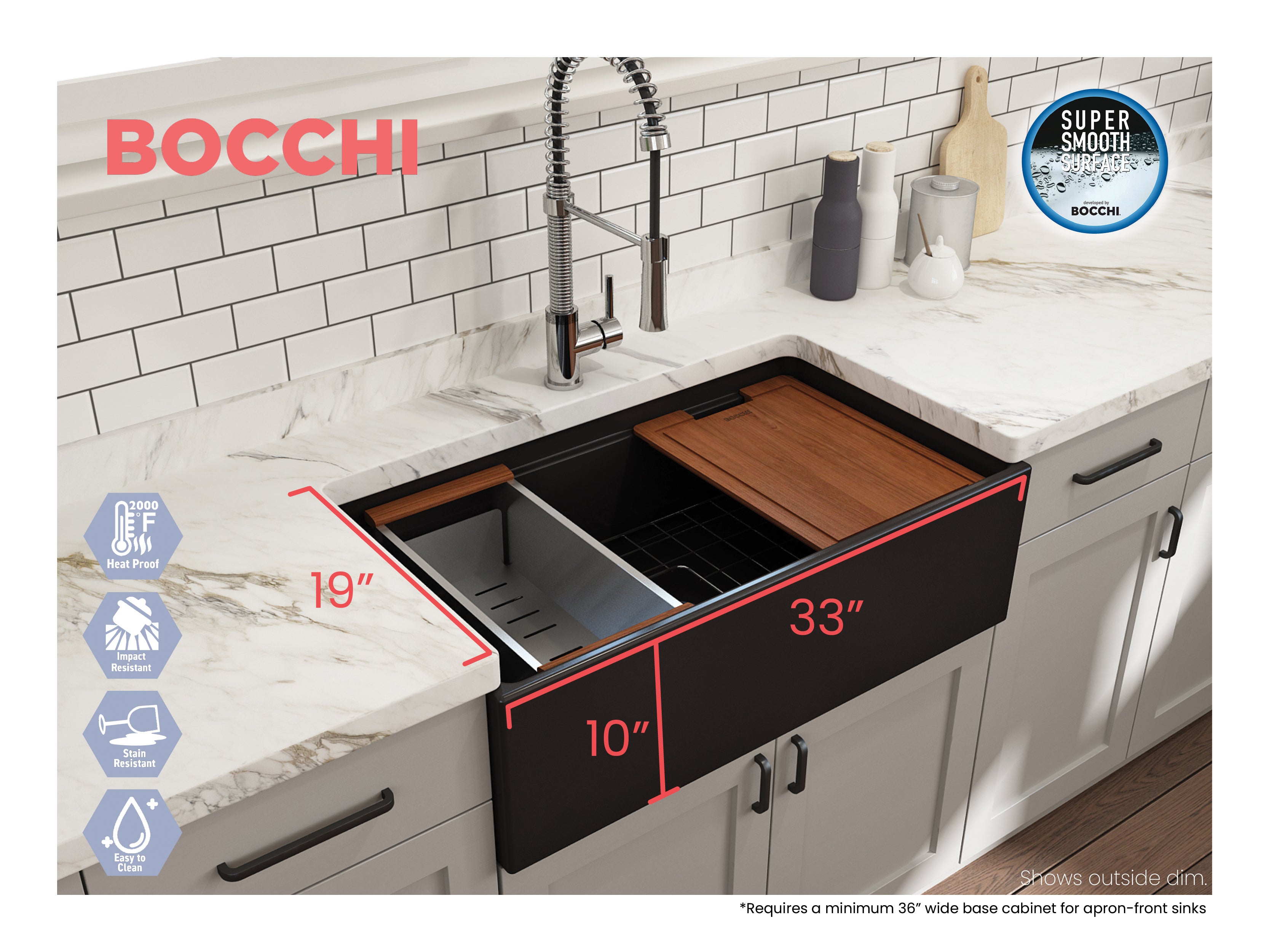 Contempo Step-Rim Apron Front Fireclay 33 in. Single Bowl Kitchen Sink with Integrated Work Station & Accessories 1504