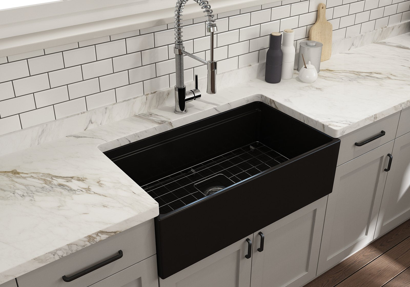 Contempo Step-Rim Apron Front Fireclay 33 in. Single Bowl Kitchen Sink with Integrated Work Station & Accessories 1504