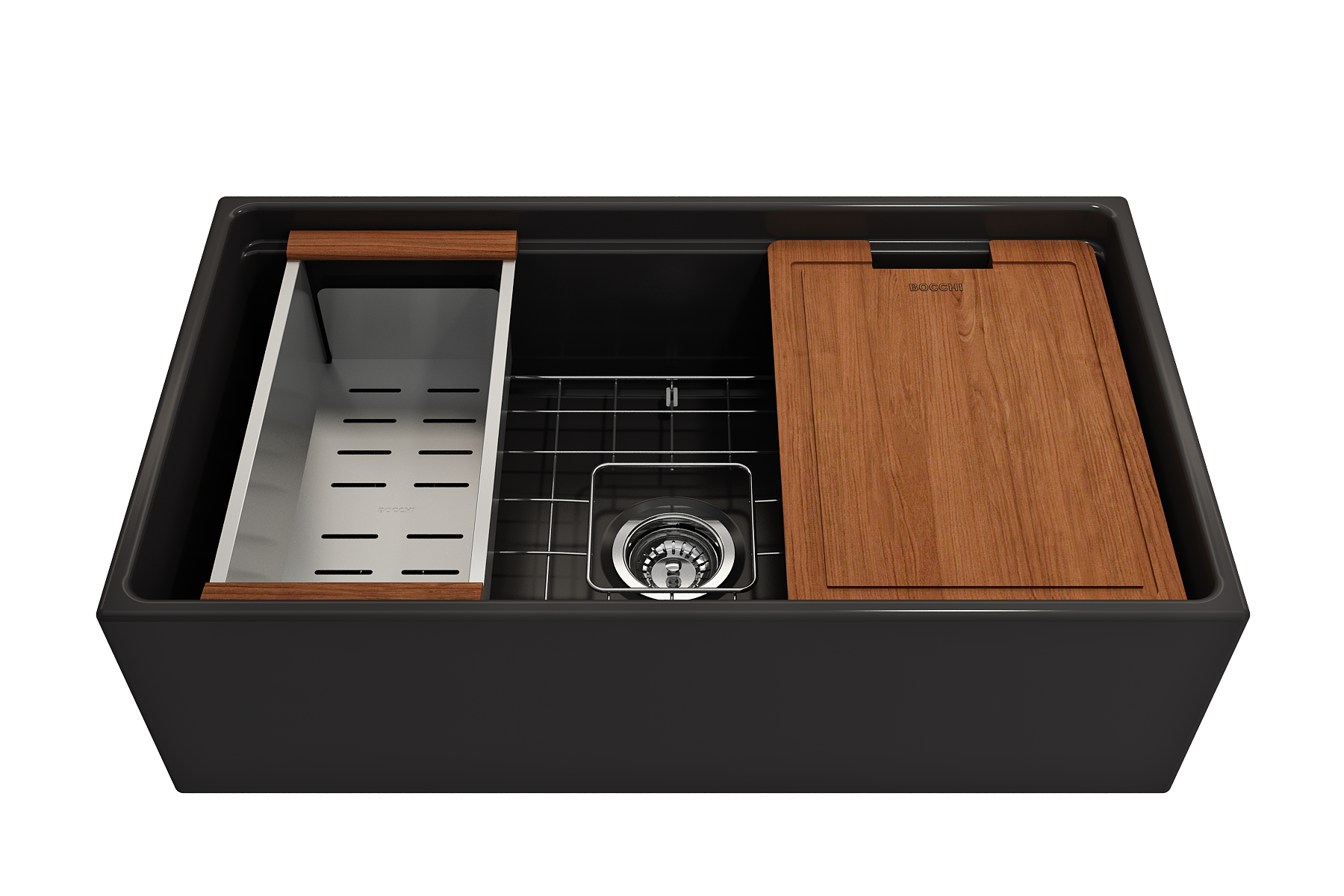 Contempo Step-Rim Apron Front Fireclay 33 in. Single Bowl Kitchen Sink with Integrated Work Station & Accessories 1504