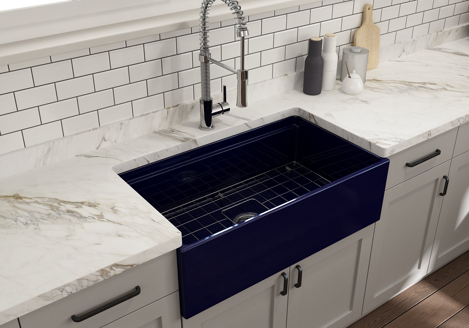 Contempo Step-Rim Apron Front Fireclay 33 in. Single Bowl Kitchen Sink with Integrated Work Station & Accessories 1504