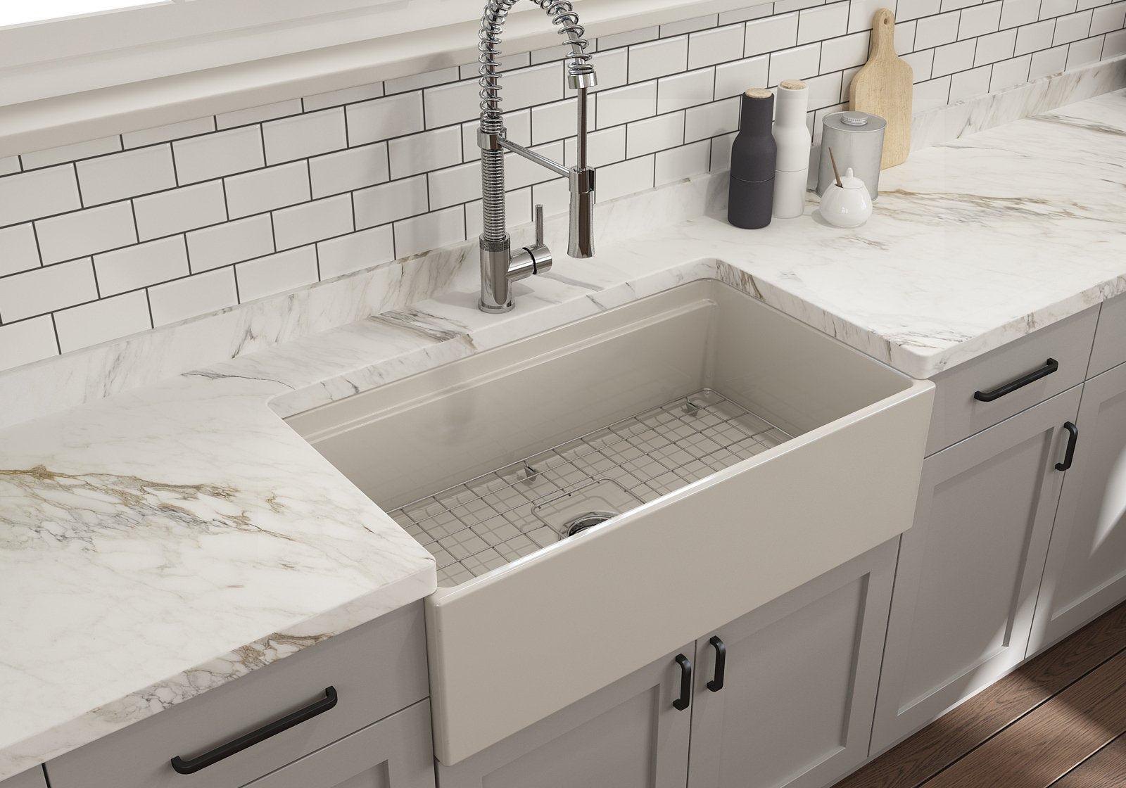Contempo Step-Rim Apron Front Fireclay 33 in. Single Bowl Kitchen Sink with Integrated Work Station & Accessories 1504