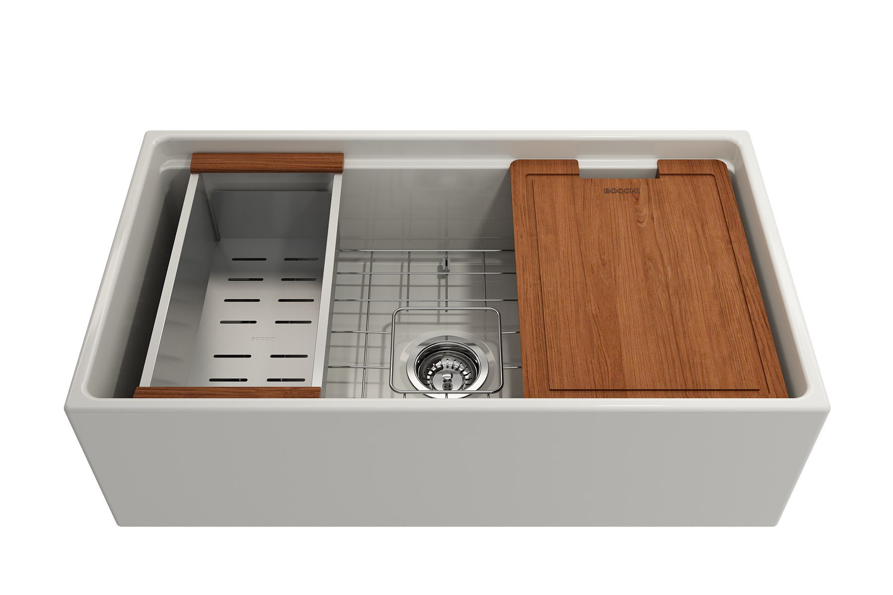 Contempo Step-Rim Apron Front Fireclay 33 in. Single Bowl Kitchen Sink with Integrated Work Station & Accessories 1504