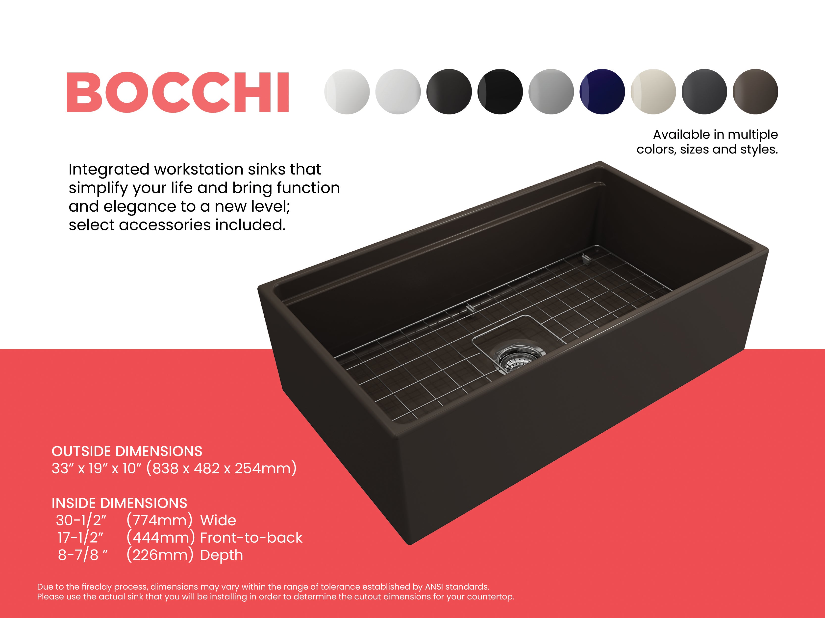 Contempo Step-Rim Apron Front Fireclay 33 in. Single Bowl Kitchen Sink with Integrated Work Station & Accessories 1504