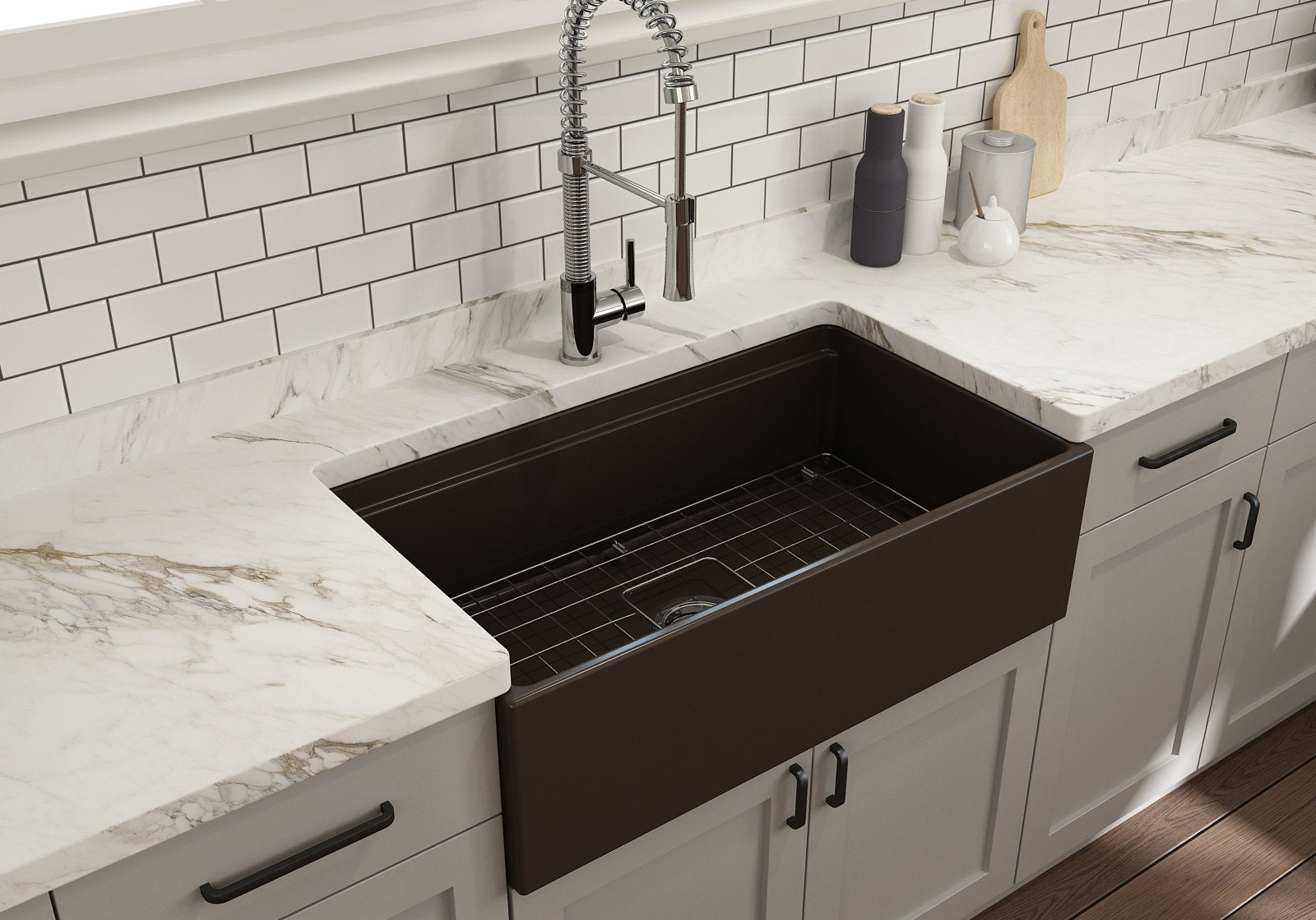 Contempo Step-Rim Apron Front Fireclay 33 in. Single Bowl Kitchen Sink with Integrated Work Station & Accessories 1504