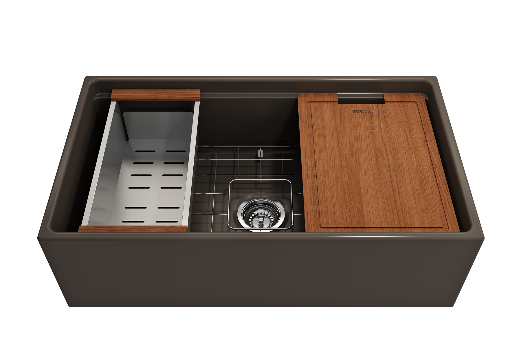 Contempo Step-Rim Apron Front Fireclay 33 in. Single Bowl Kitchen Sink with Integrated Work Station & Accessories 1504
