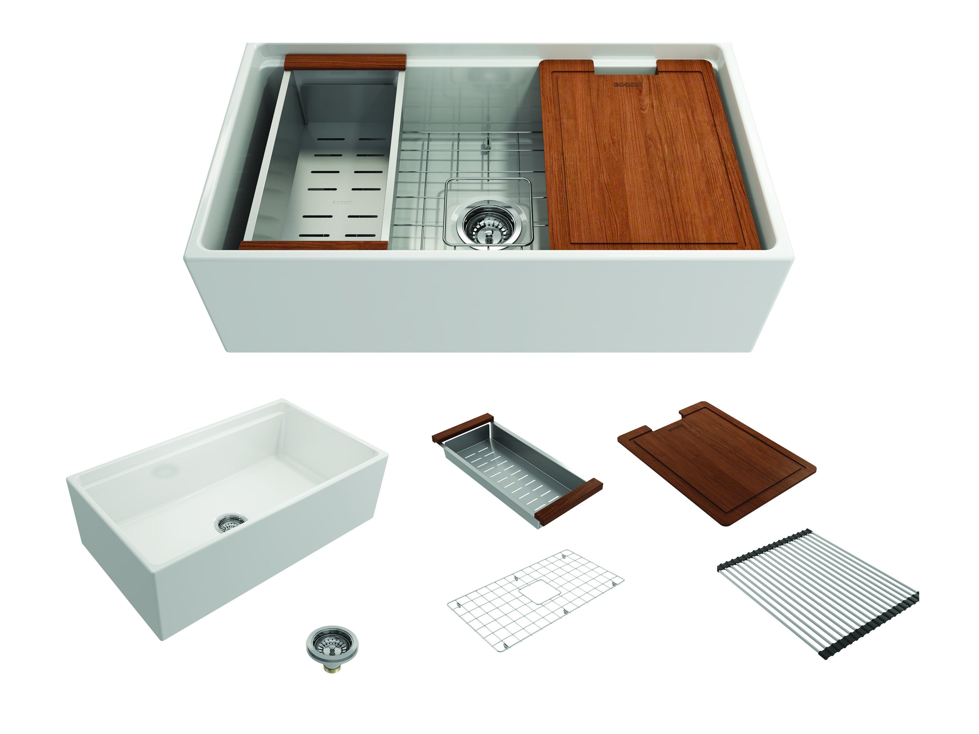 Contempo Step-Rim Apron Front Fireclay 33 in. Single Bowl Kitchen Sink with Integrated Work Station & Accessories 1504