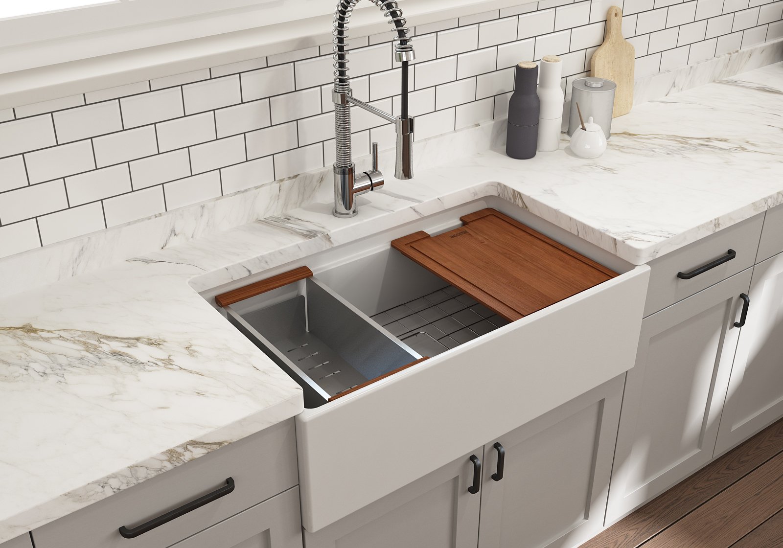 Contempo Step-Rim Apron Front Fireclay 33 in. Single Bowl Kitchen Sink with Integrated Work Station & Accessories 1504