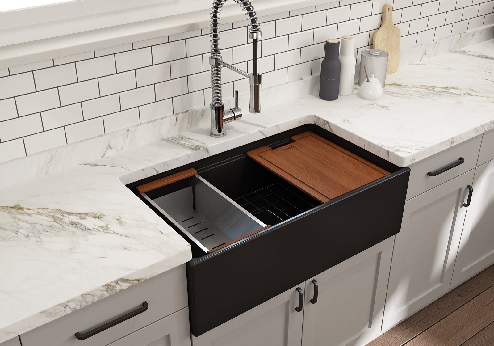 Contempo Step-Rim Apron Front Fireclay 33 in. Single Bowl Kitchen Sink with Integrated Work Station & Accessories 1504
