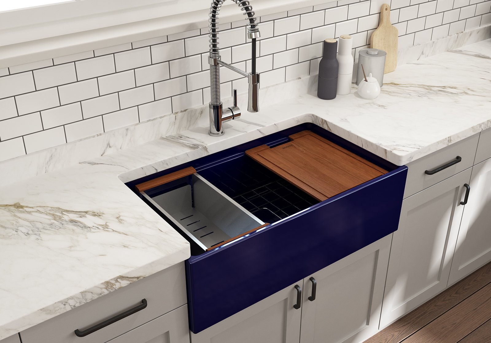 Contempo Step-Rim Apron Front Fireclay 33 in. Single Bowl Kitchen Sink with Integrated Work Station & Accessories 1504