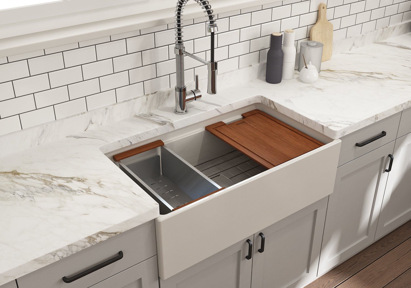 Contempo Step-Rim Apron Front Fireclay 33 in. Single Bowl Kitchen Sink with Integrated Work Station & Accessories 1504