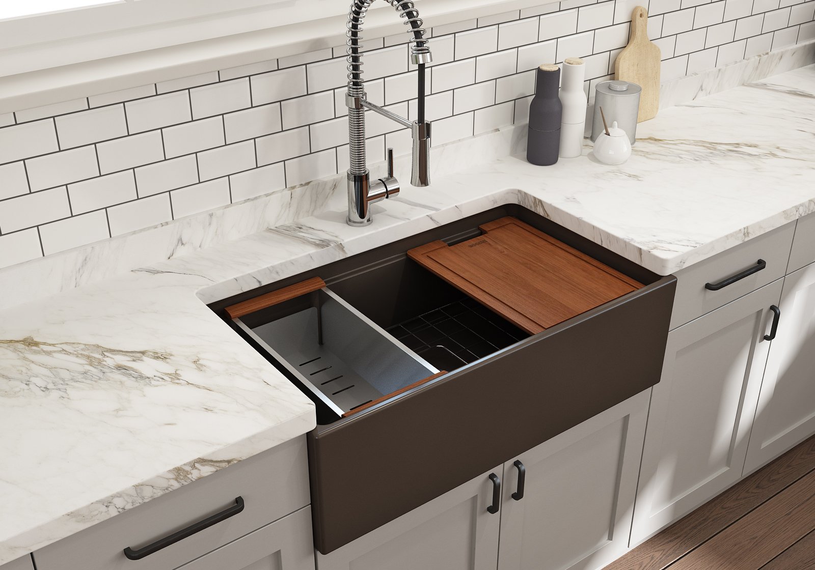 Contempo Step-Rim Apron Front Fireclay 33 in. Single Bowl Kitchen Sink with Integrated Work Station & Accessories 1504