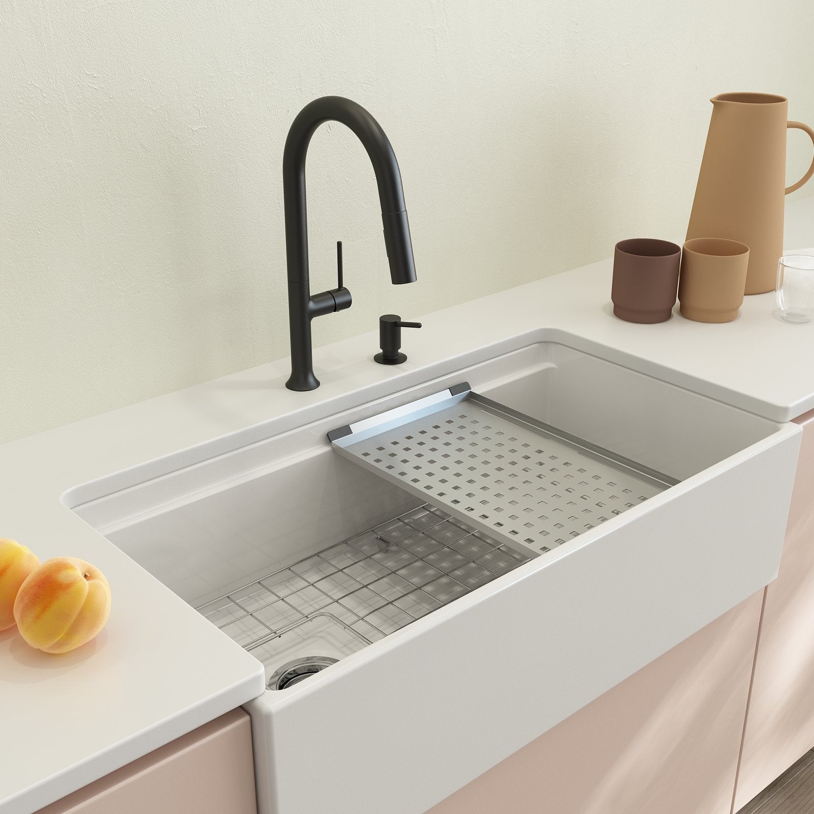 Contempo Step-Rim Apron Front Fireclay 36 in. Single Bowl Kitchen Sink with Integrated Work Station & Accessories 1505