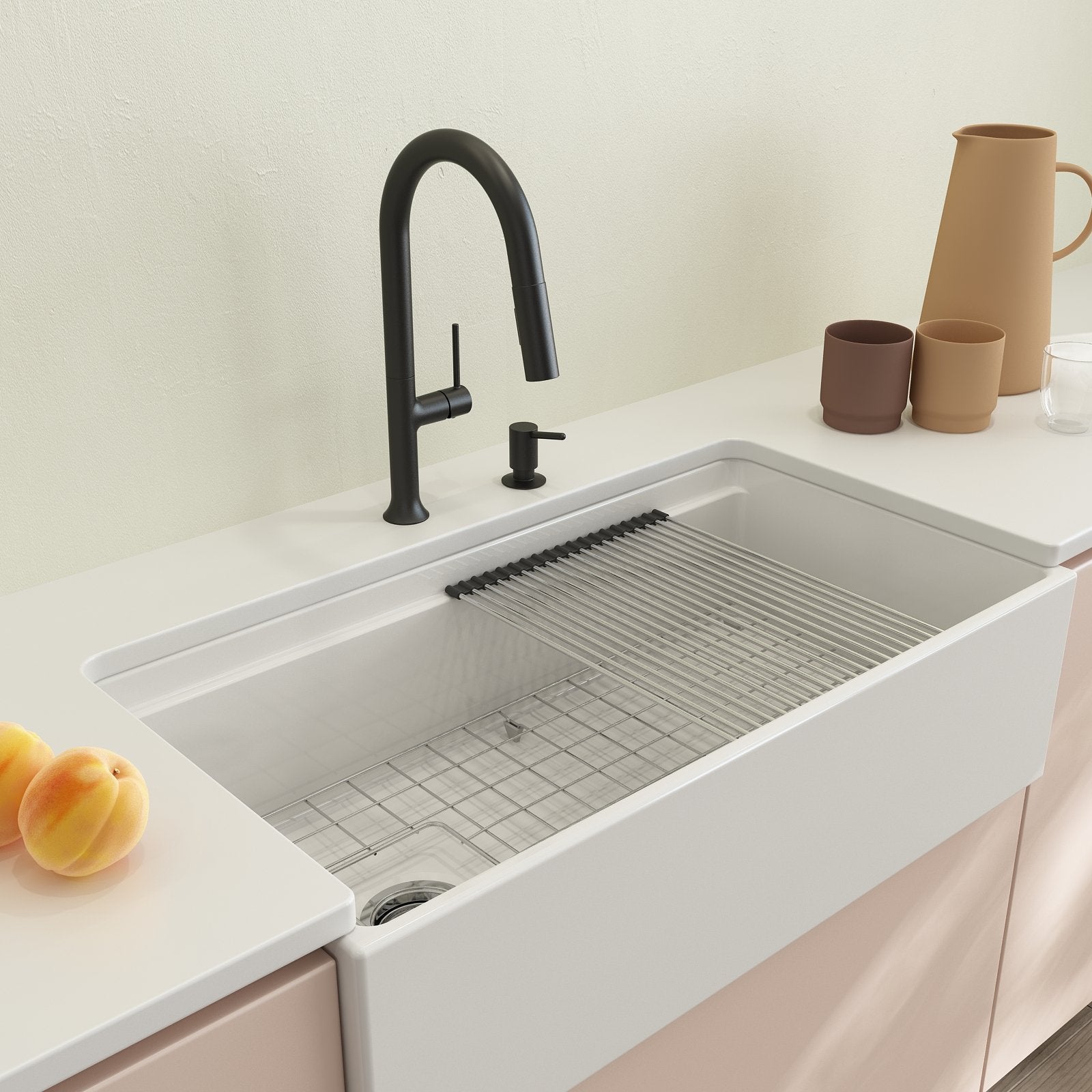 Contempo Step-Rim Apron Front Fireclay 36 in. Single Bowl Kitchen Sink with Integrated Work Station & Accessories 1505