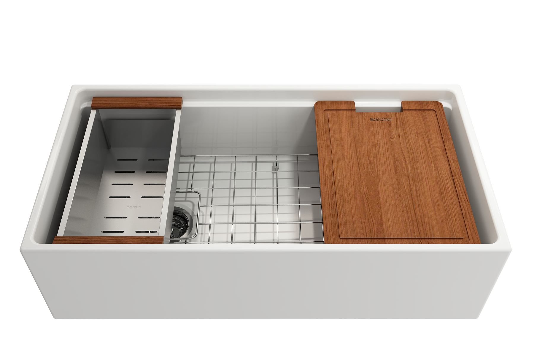 Contempo Step-Rim Apron Front Fireclay 36 in. Single Bowl Kitchen Sink with Integrated Work Station & Accessories 1505