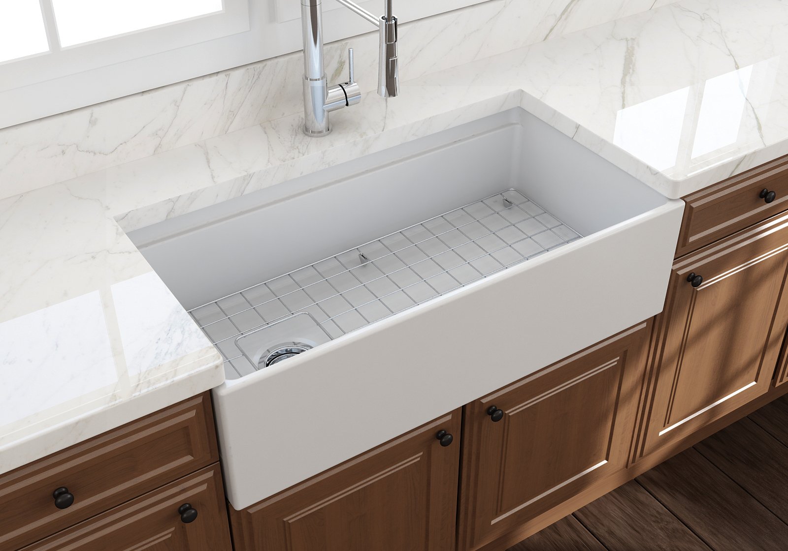 Contempo Step-Rim Apron Front Fireclay 36 in. Single Bowl Kitchen Sink with Integrated Work Station & Accessories 1505