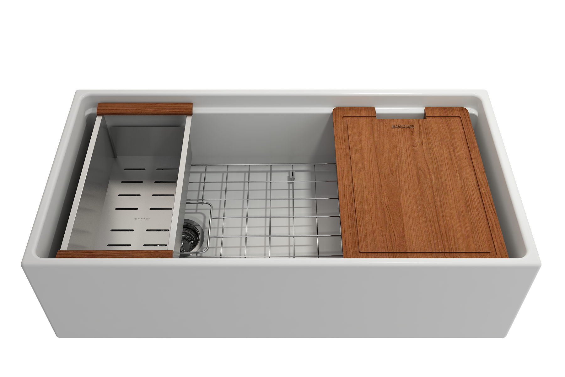 Contempo Step-Rim Apron Front Fireclay 36 in. Single Bowl Kitchen Sink with Integrated Work Station & Accessories 1505