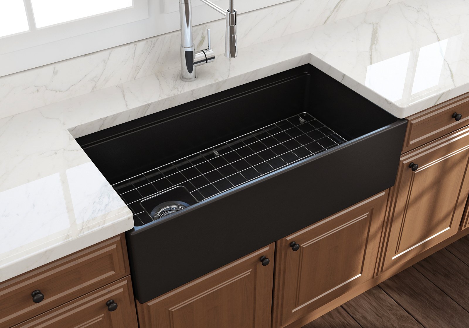 Contempo Step-Rim Apron Front Fireclay 36 in. Single Bowl Kitchen Sink with Integrated Work Station & Accessories 1505