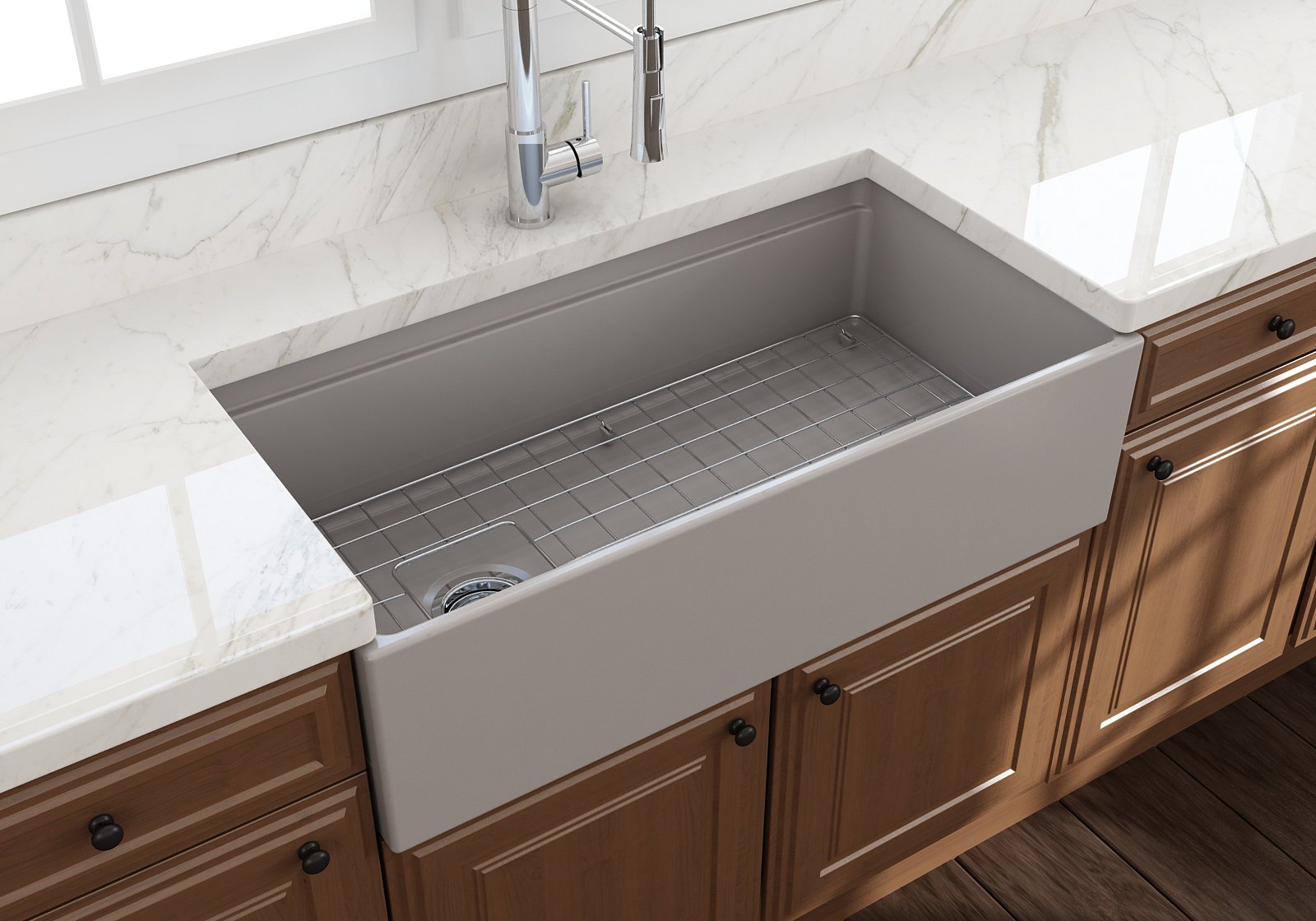 Contempo Step-Rim Apron Front Fireclay 36 in. Single Bowl Kitchen Sink with Integrated Work Station & Accessories 1505