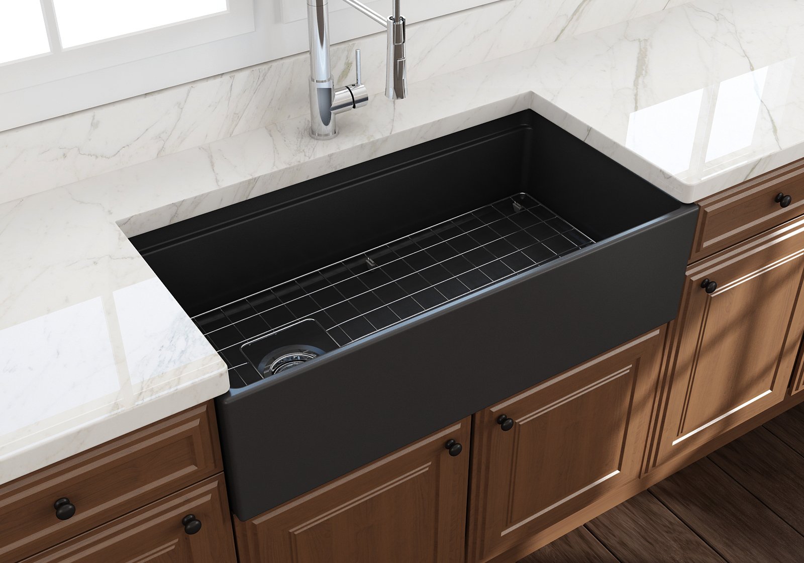 Contempo Step-Rim Apron Front Fireclay 36 in. Single Bowl Kitchen Sink with Integrated Work Station & Accessories 1505