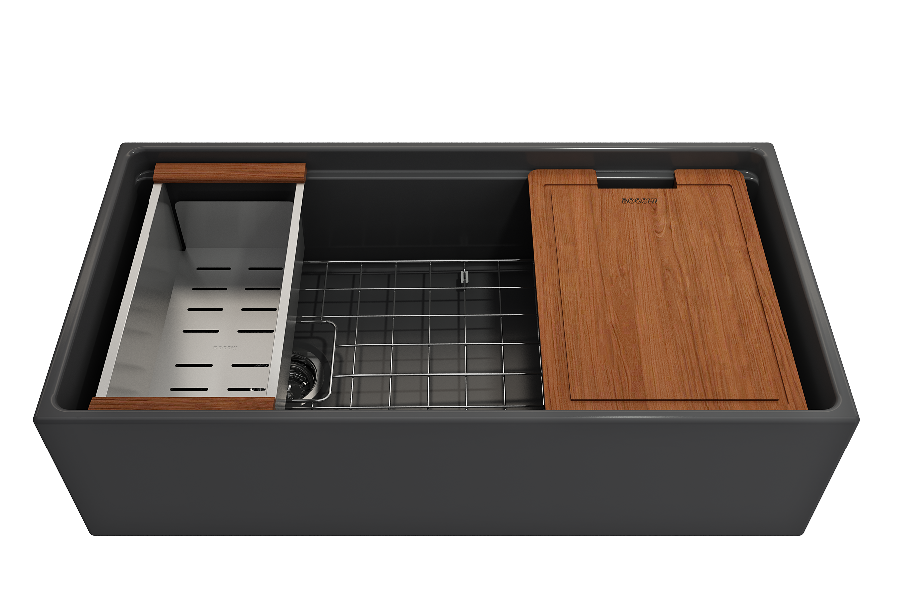 Contempo Step-Rim Apron Front Fireclay 36 in. Single Bowl Kitchen Sink with Integrated Work Station & Accessories 1505