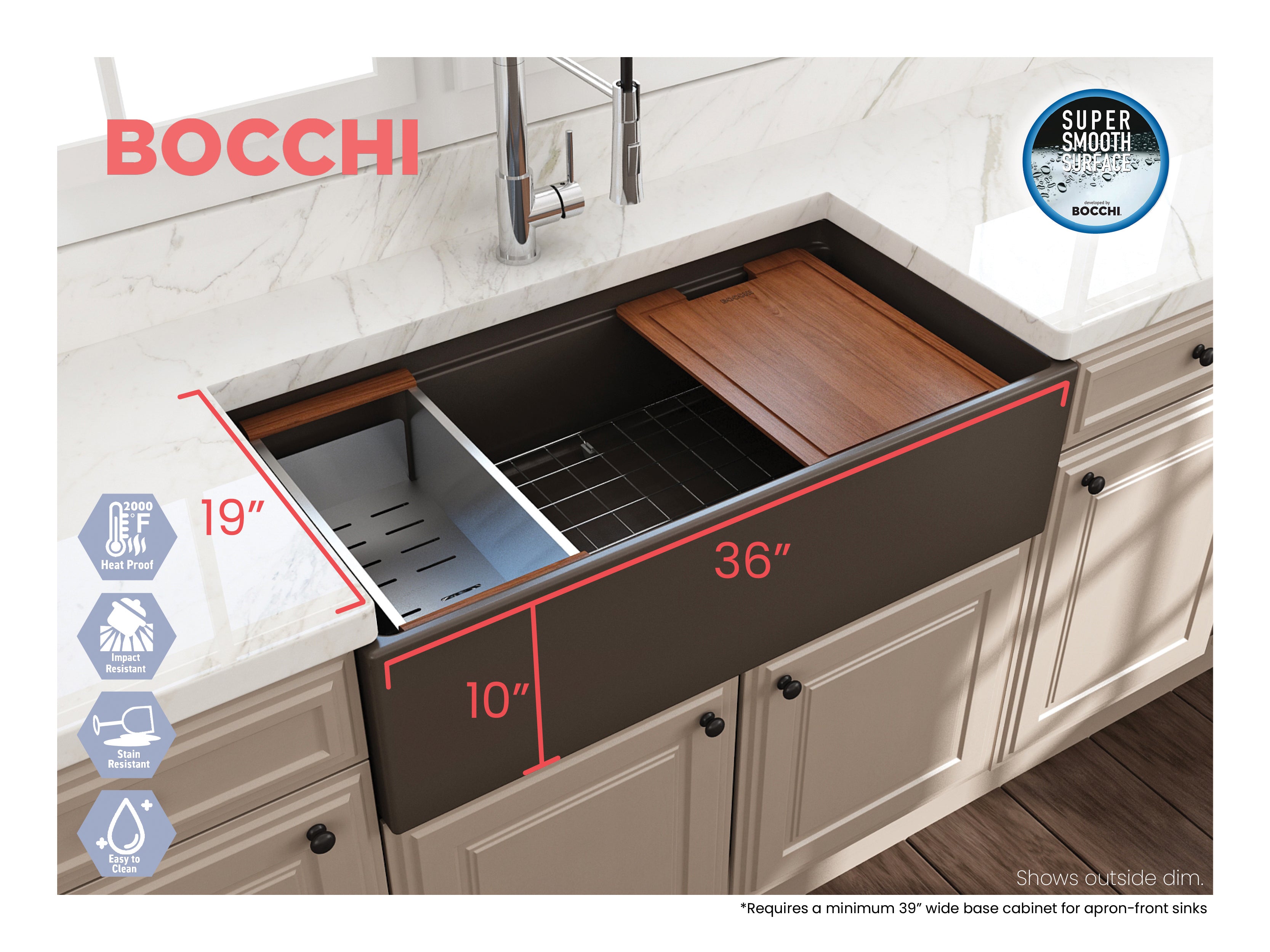 Contempo Step-Rim Apron Front Fireclay 36 in. Single Bowl Kitchen Sink with Integrated Work Station & Accessories 1505