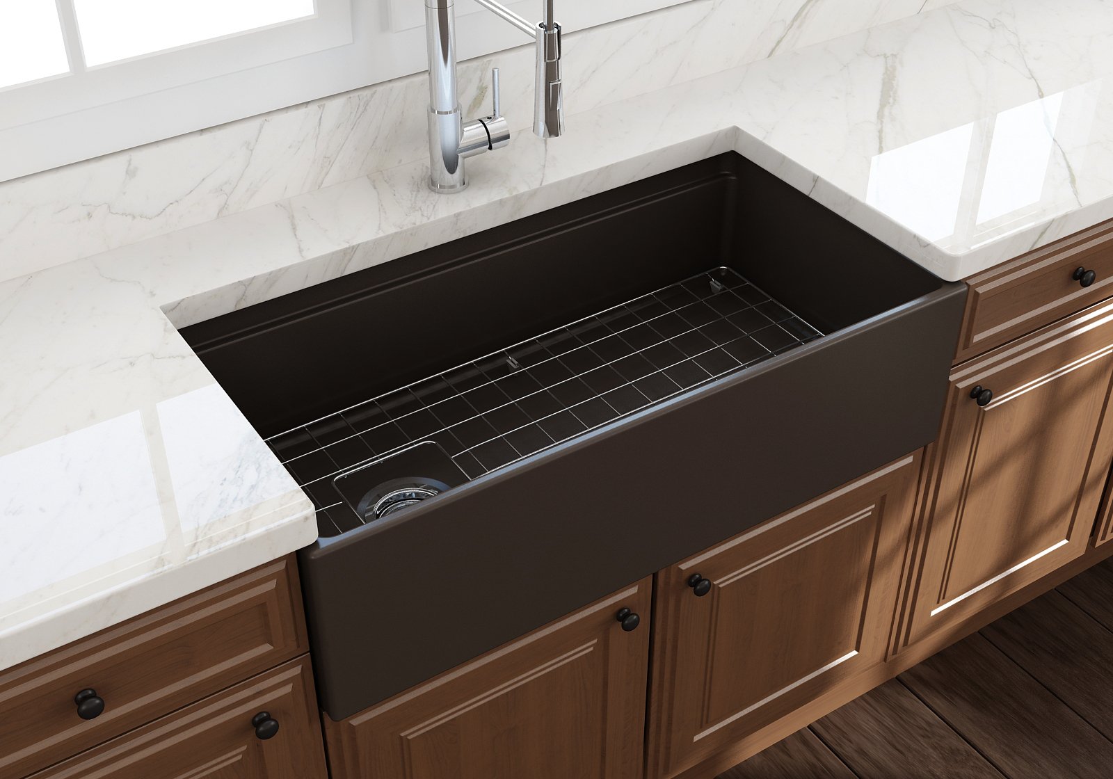 Contempo Step-Rim Apron Front Fireclay 36 in. Single Bowl Kitchen Sink with Integrated Work Station & Accessories 1505