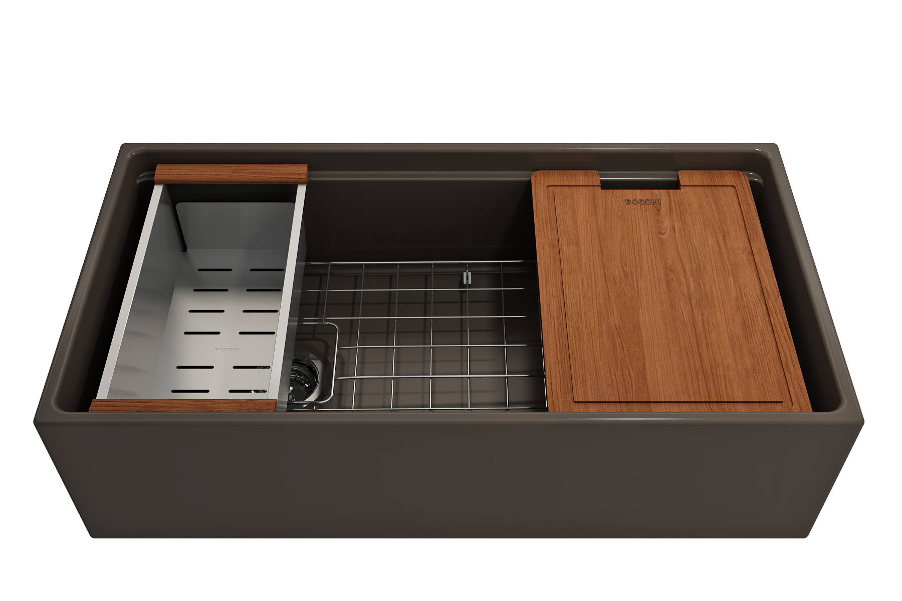 Contempo Step-Rim Apron Front Fireclay 36 in. Single Bowl Kitchen Sink with Integrated Work Station & Accessories 1505