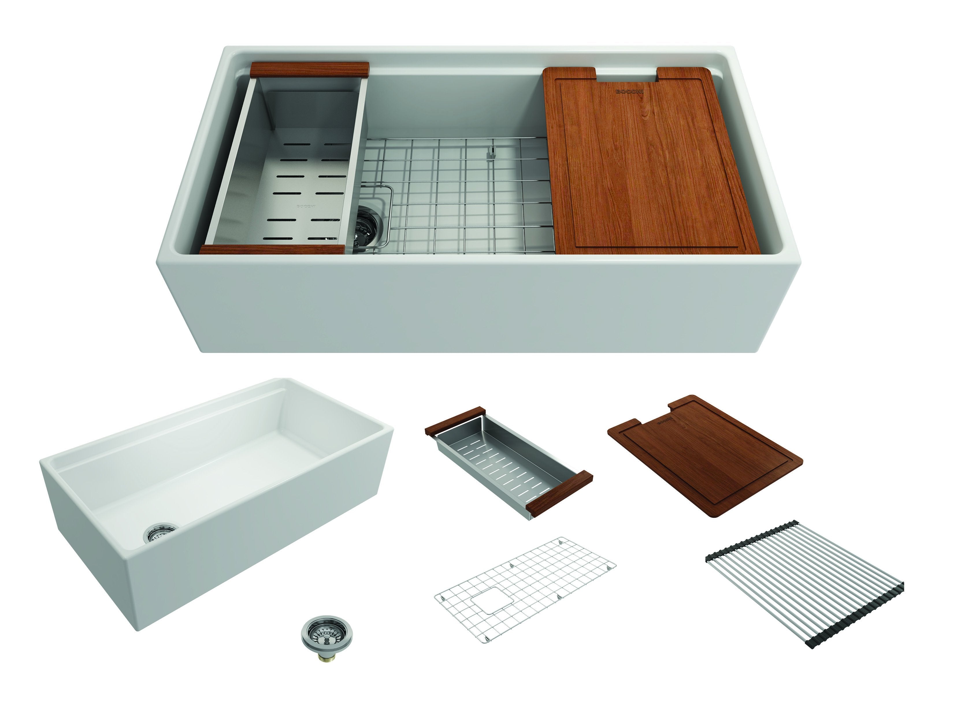 Contempo Step-Rim Apron Front Fireclay 36 in. Single Bowl Kitchen Sink with Integrated Work Station & Accessories 1505