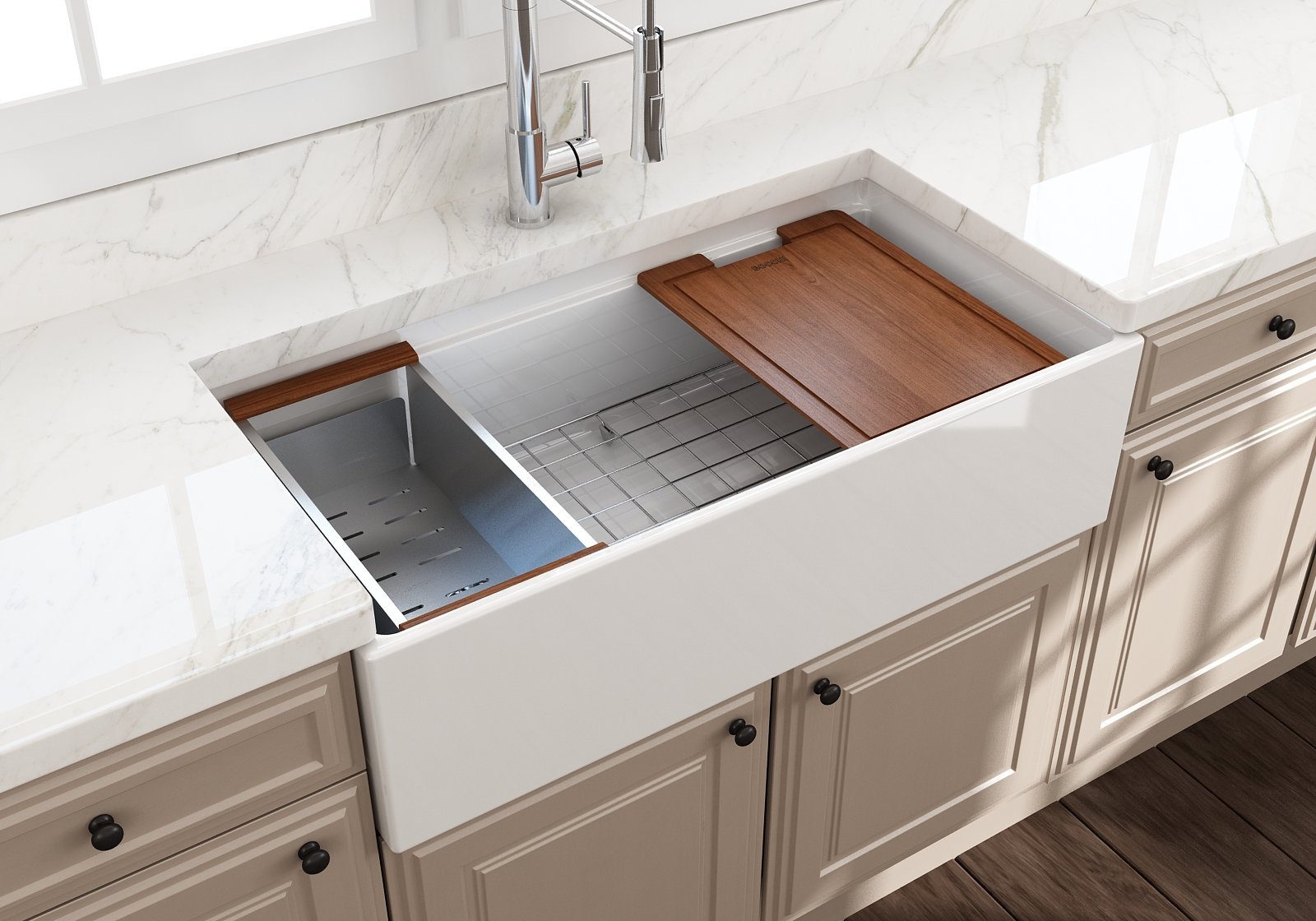 Contempo Step-Rim Apron Front Fireclay 36 in. Single Bowl Kitchen Sink with Integrated Work Station & Accessories 1505