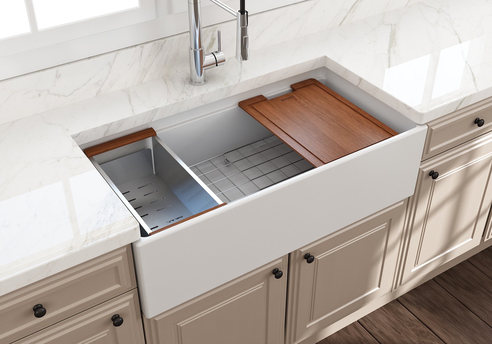 Contempo Step-Rim Apron Front Fireclay 36 in. Single Bowl Kitchen Sink with Integrated Work Station & Accessories 1505