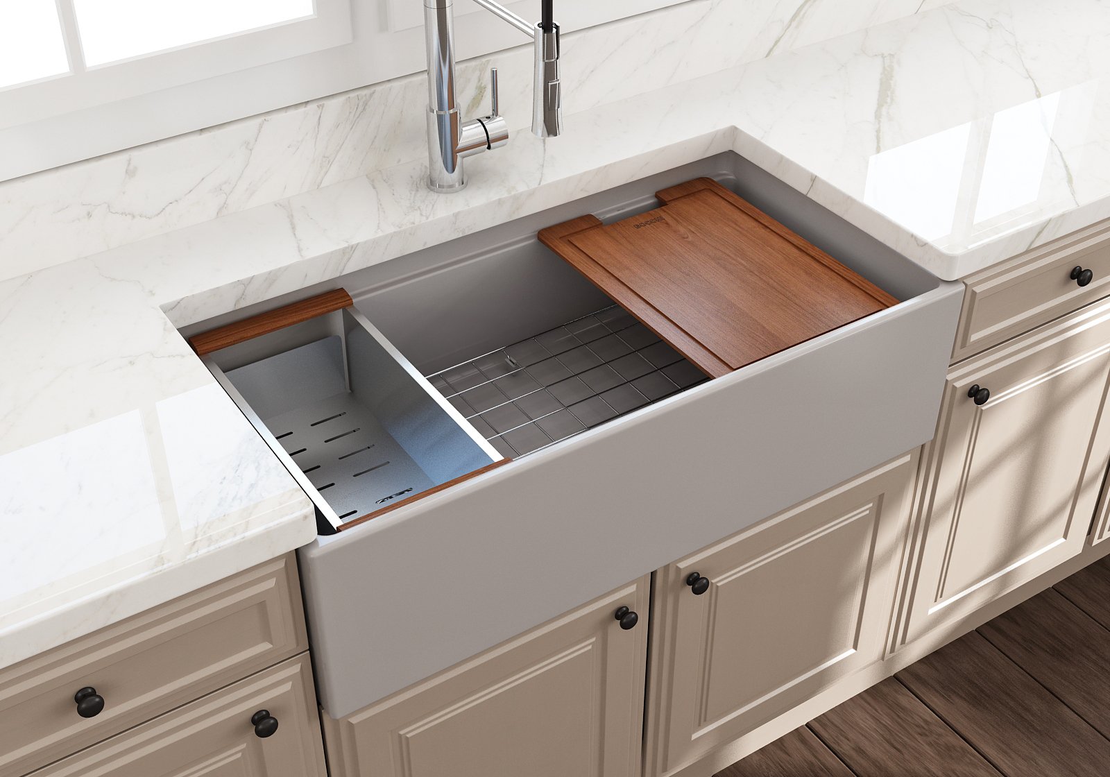 Contempo Step-Rim Apron Front Fireclay 36 in. Single Bowl Kitchen Sink with Integrated Work Station & Accessories 1505